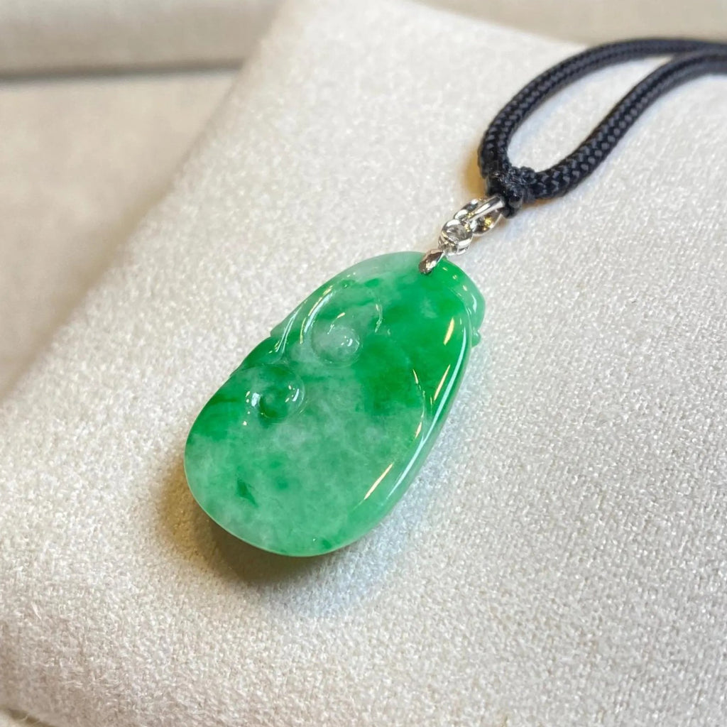Natural Green Ruyi Jade Pendant - 18k White Gold Bail & Diamond