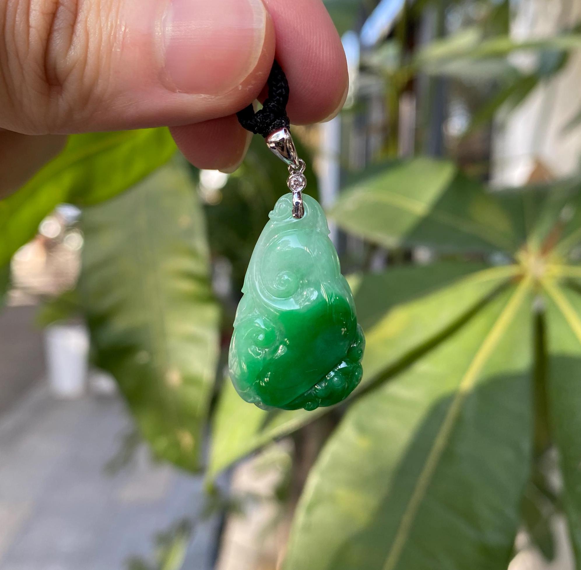 Natural Green Jadeite Pendant - Carved Ruyi Jade