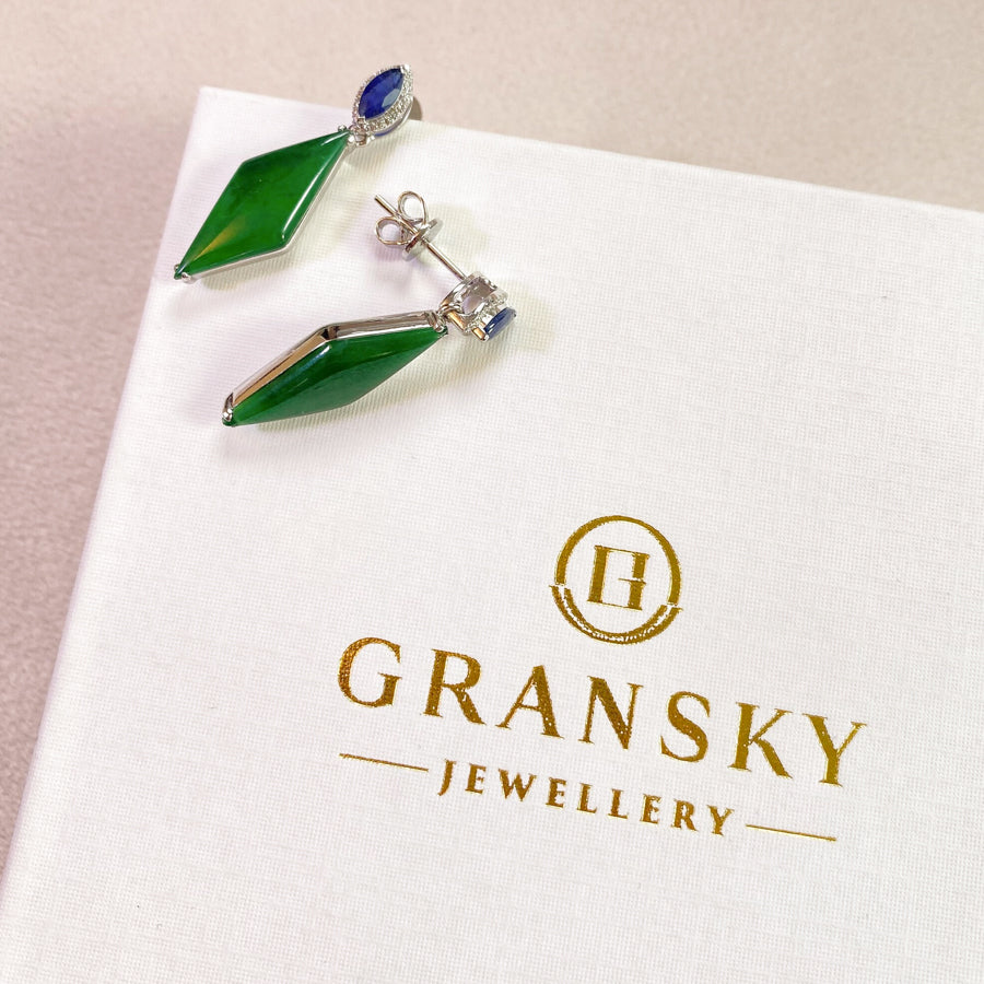Natural Intense Green Jade Drop Earrings - 18K White Gold Diamonds Sapphire