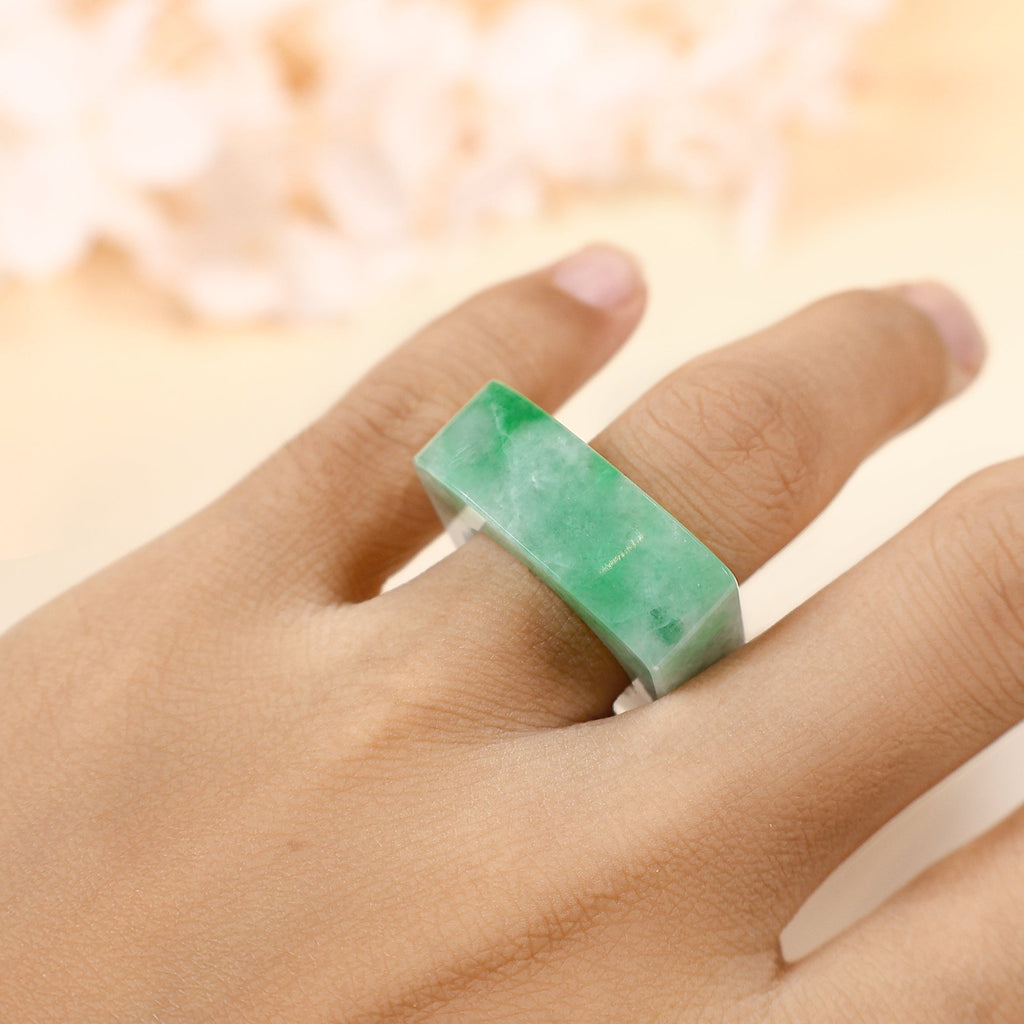 Natural Type A Bright Smooth Green Jadeite Ring US 8.5