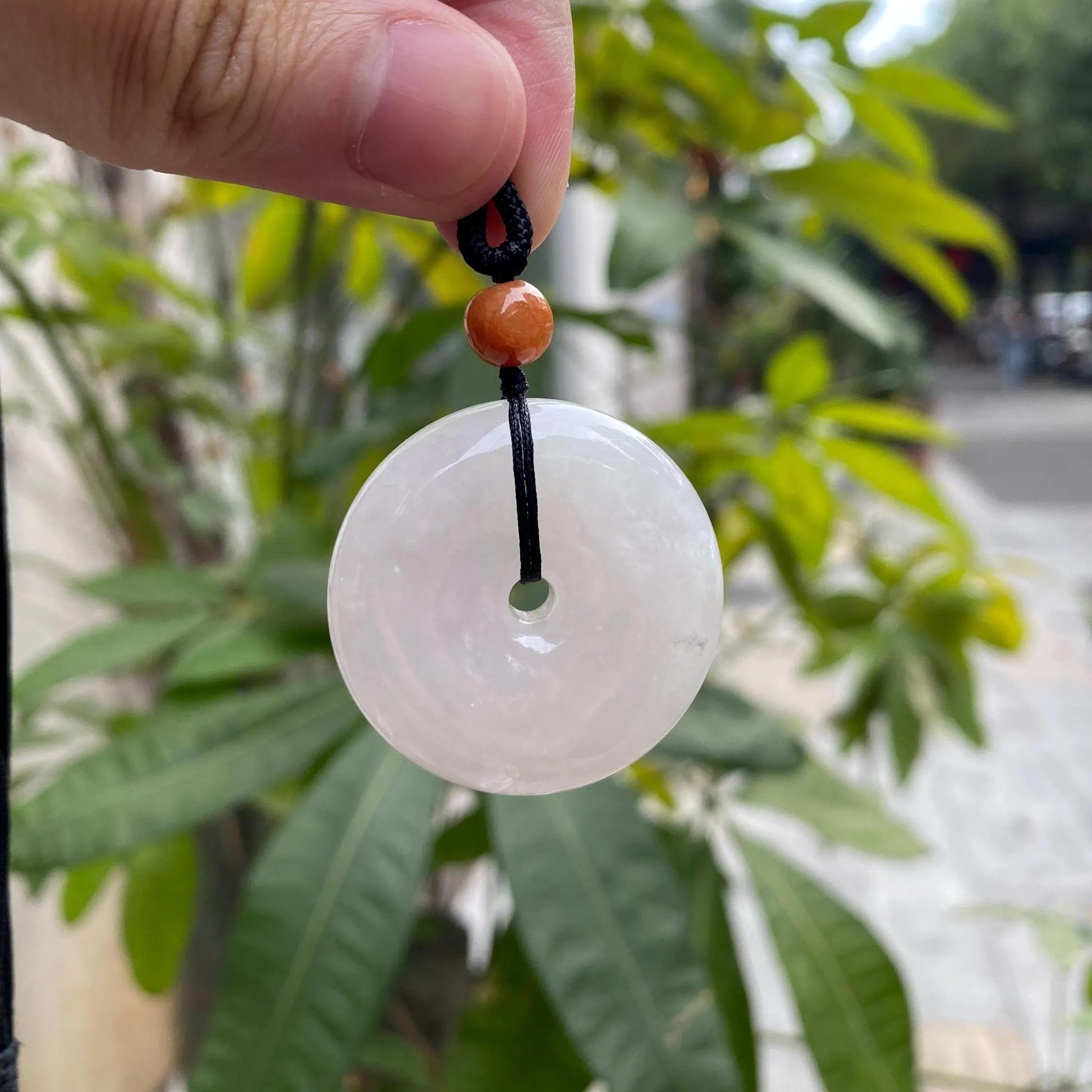 Handcrafted Ruyi Jade Pendant - Icy White Burmese Jadeite with Brown Bead