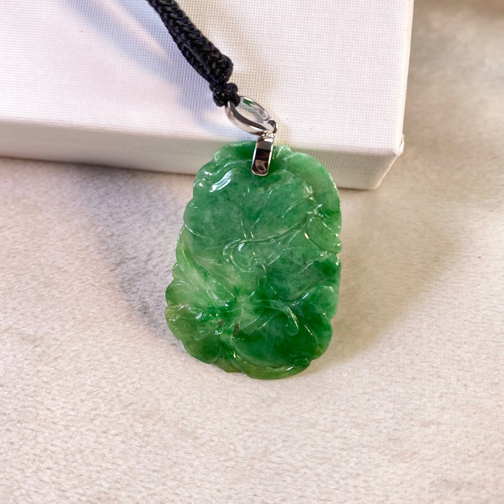 Bright Green Jade Ruyi & Lotus Pendant - 18K White Gold Bail