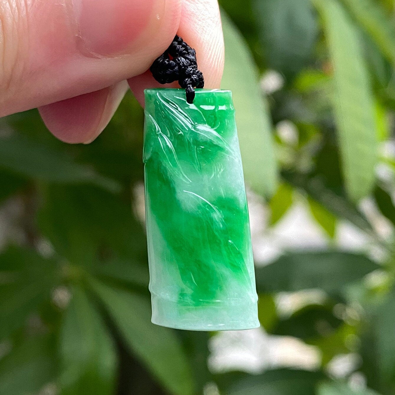 Bright Green Hand-Carved Bamboo Jade Pendant