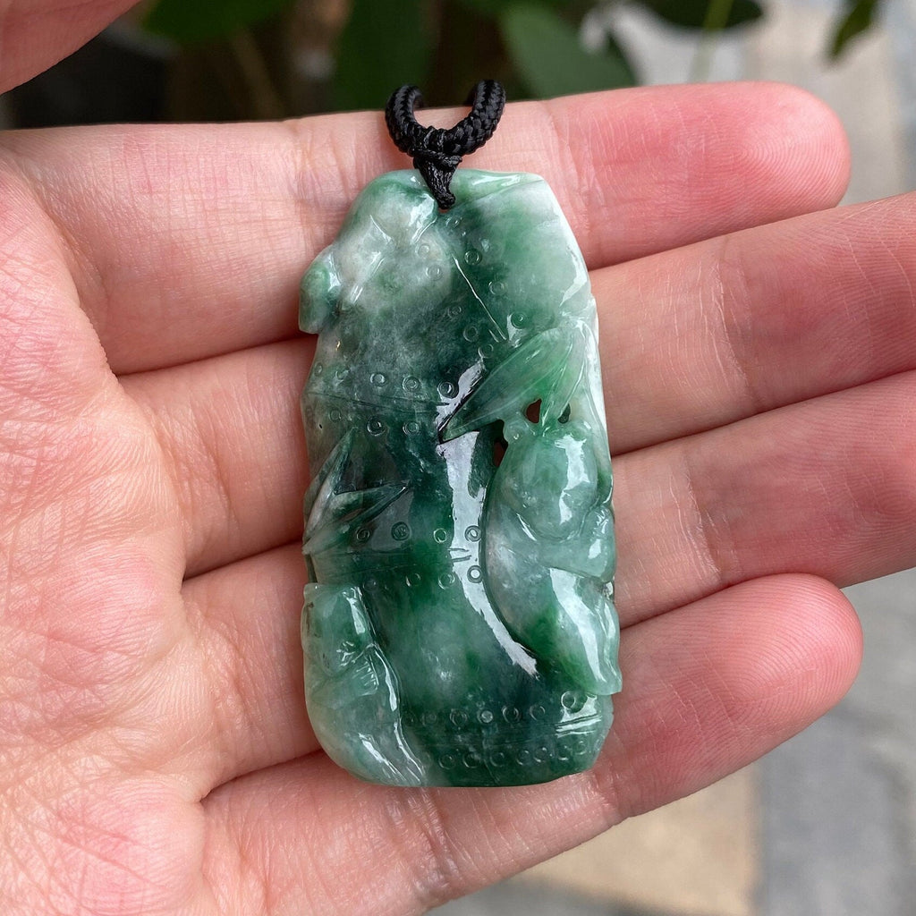 Natural Green Burmese Jadeite Bamboo Pendant with Fu Shu Carving – Adjustable Black String Necklace