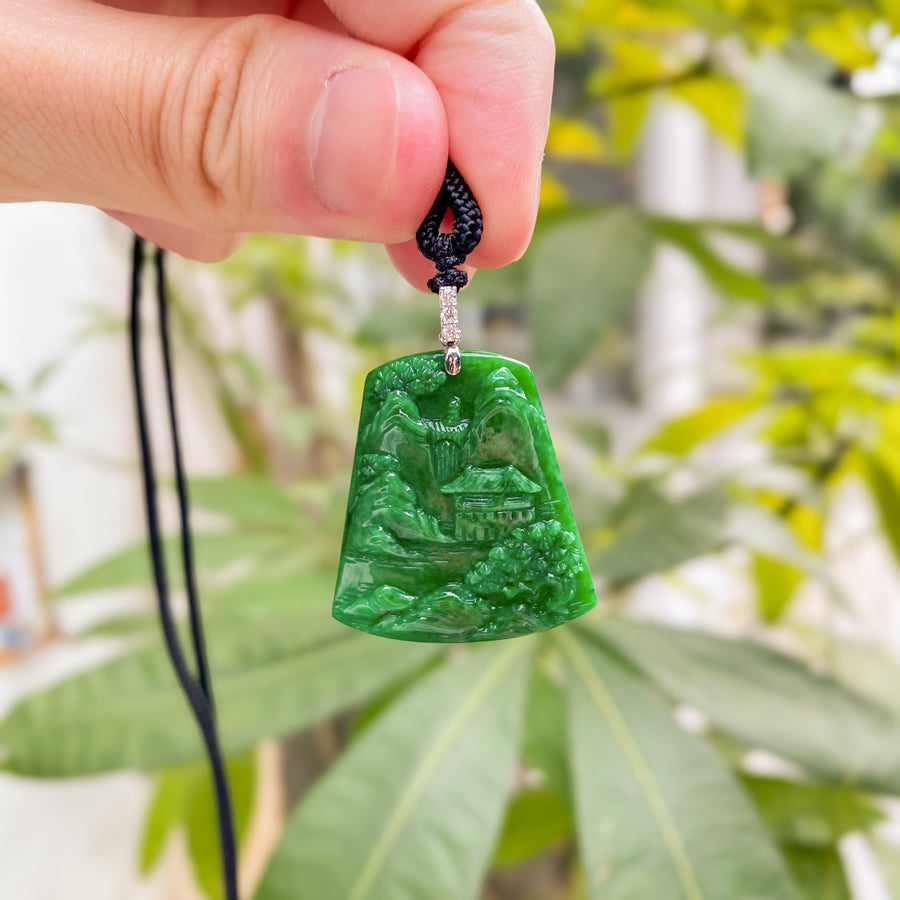 Imperial Green Jade Scenic Pendant with 18k White Gold Bail and Diamonds