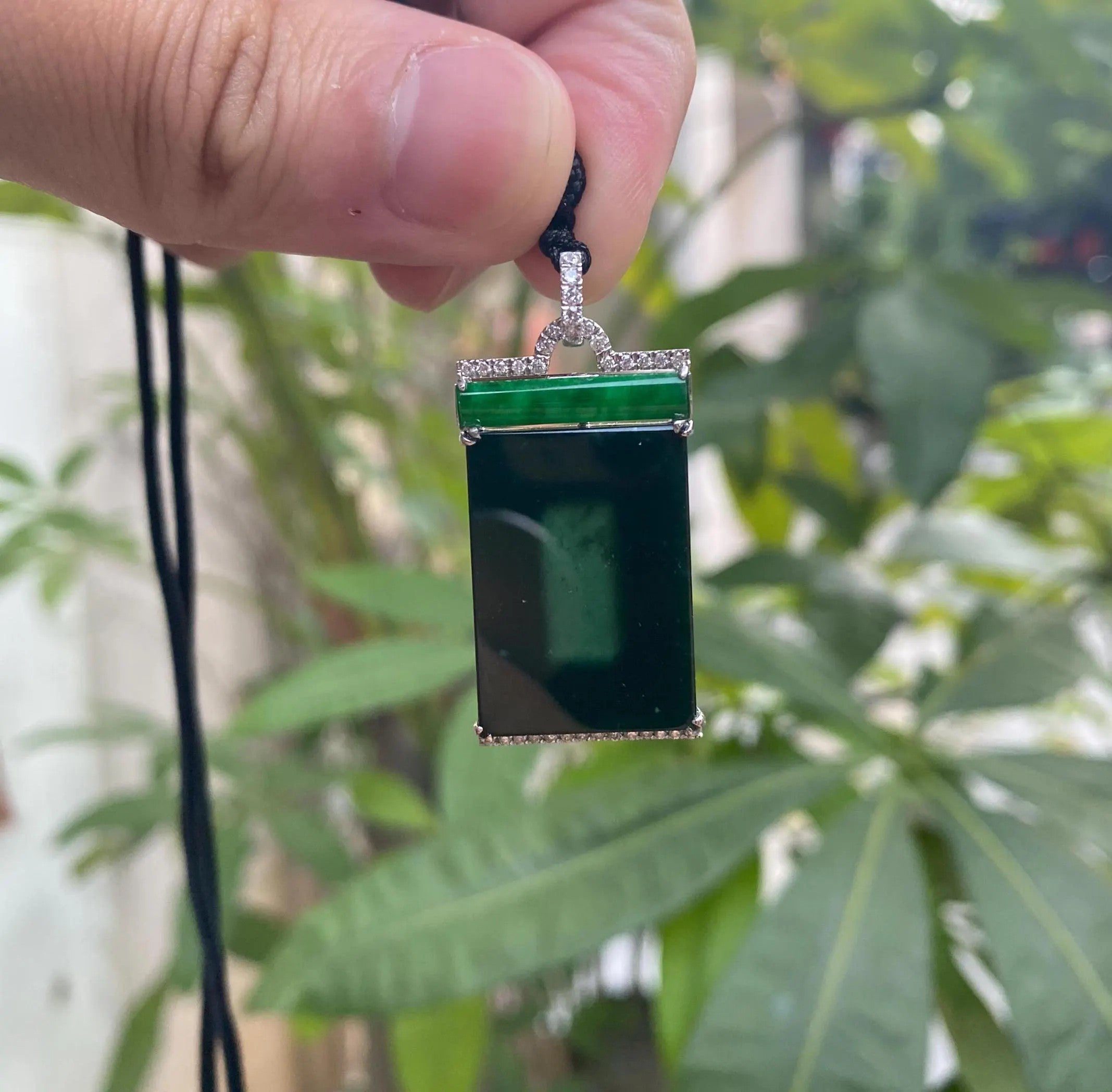 Black & Green Burmese Jadeite Pendant in 18K White Gold with Diamonds
