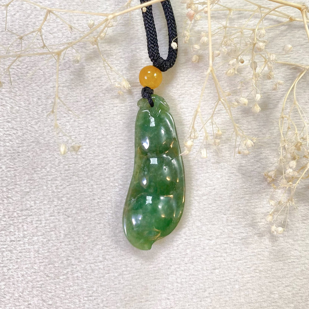 Handcrafted Peapod-Shaped Green Jade Pendant with Orange Bead