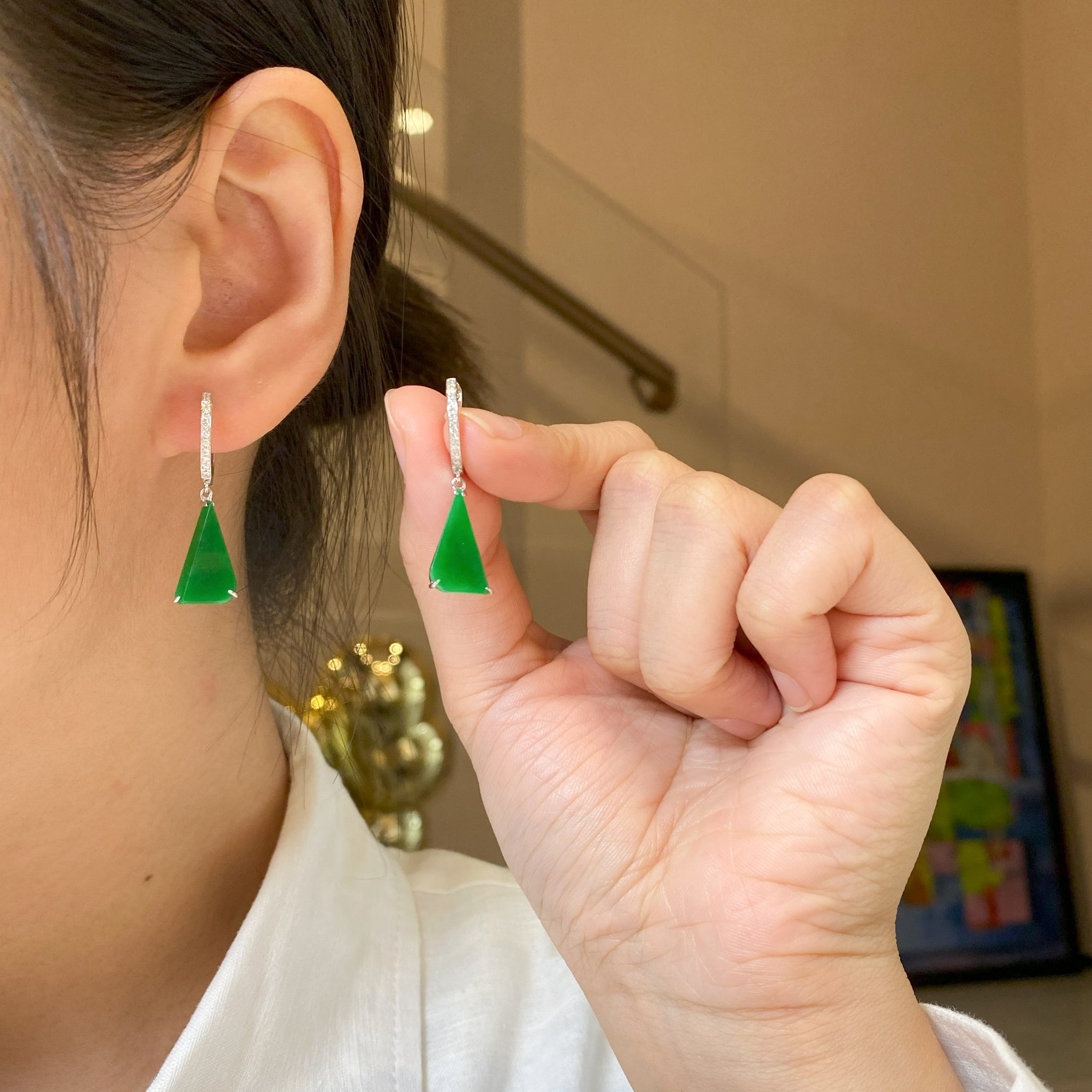 Natural Green Jade Drop Earrings 18K White Gold and Diamonds
