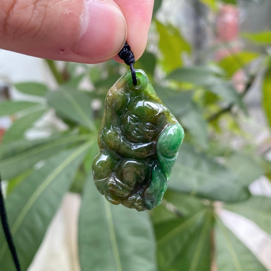 Handcrafted Tri-Color Jade Happy Monk Pendant with Lotus Leaf