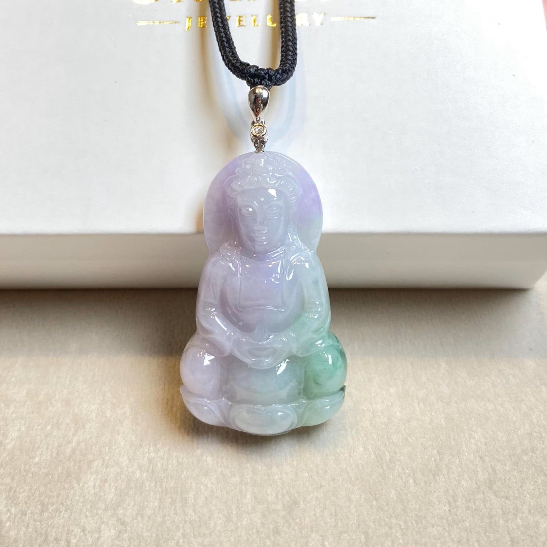 Gransky Handmade GuanYin (Kwan yin) Green and Purple Jade Pendant 18k White Gold Bail