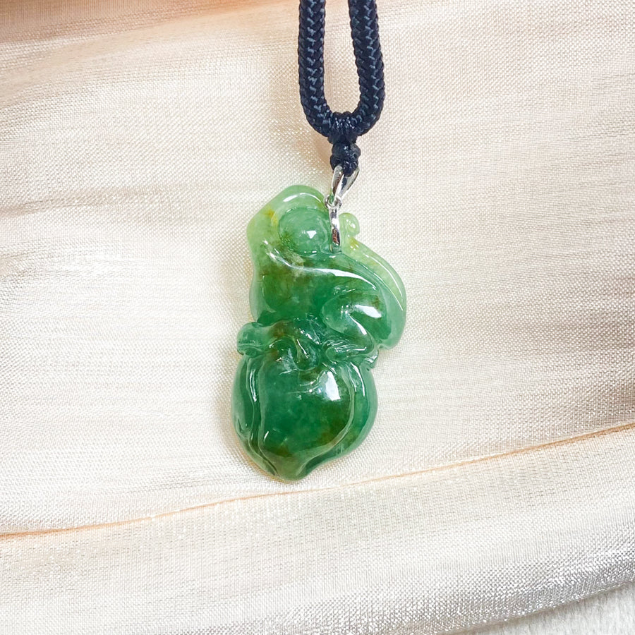Gransky Jewellery Beautiful Green Jade Monkey on Peach Pendant in 18k White Gold