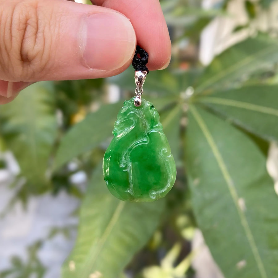 Natural Green Ruyi Jade Pendant 18k White Gold Bail - Untreated Burmese Jadeite