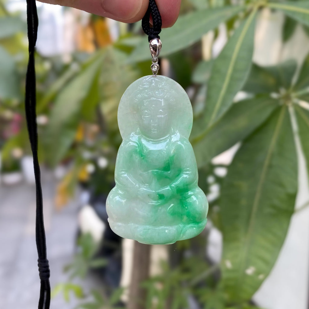 Gransky Handmade GuanYin Apple Green Jade Pendant 18k White Gold and Diamond