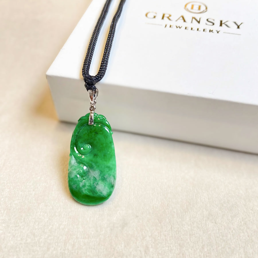 Gransky Carved Ruyi Jade Pendant in 18k White Gold Bail and Diamonds