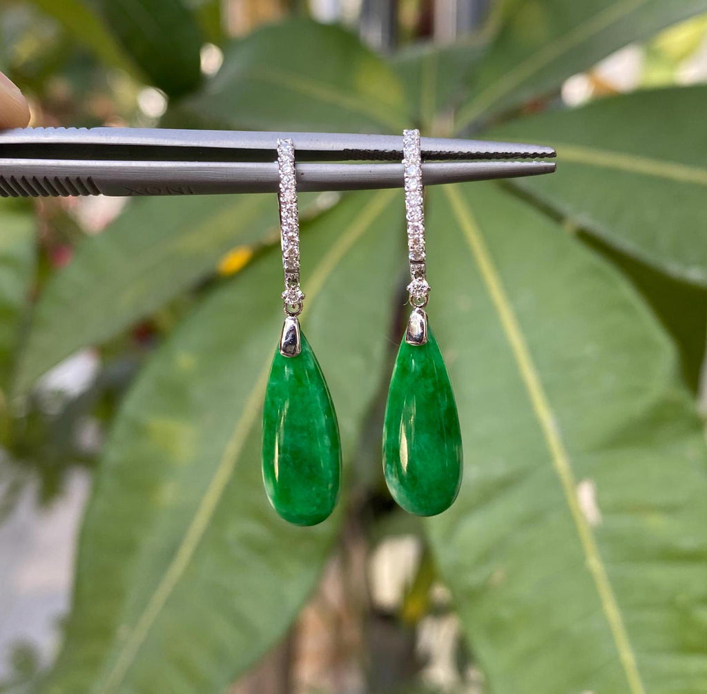 Green Jade Pear Shape Dangle Earrings - 18K White Gold and Diamonds