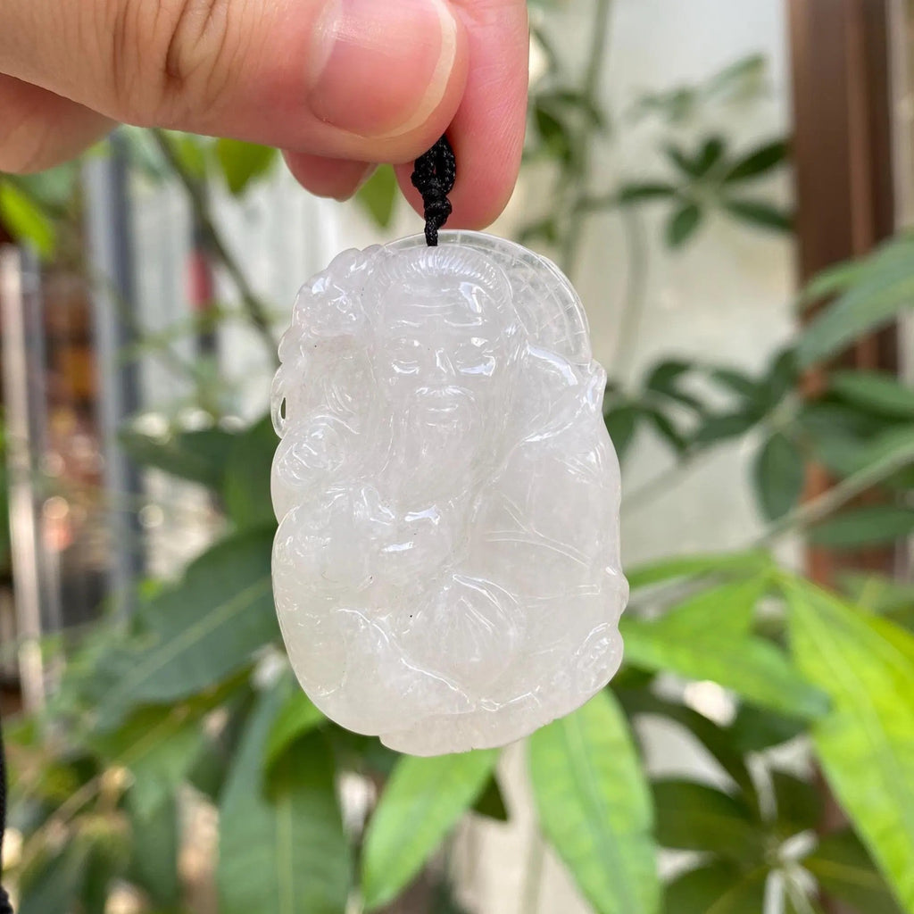 White Burmese Jadeite Shou Xing Pendant - God of Longevity Carving
