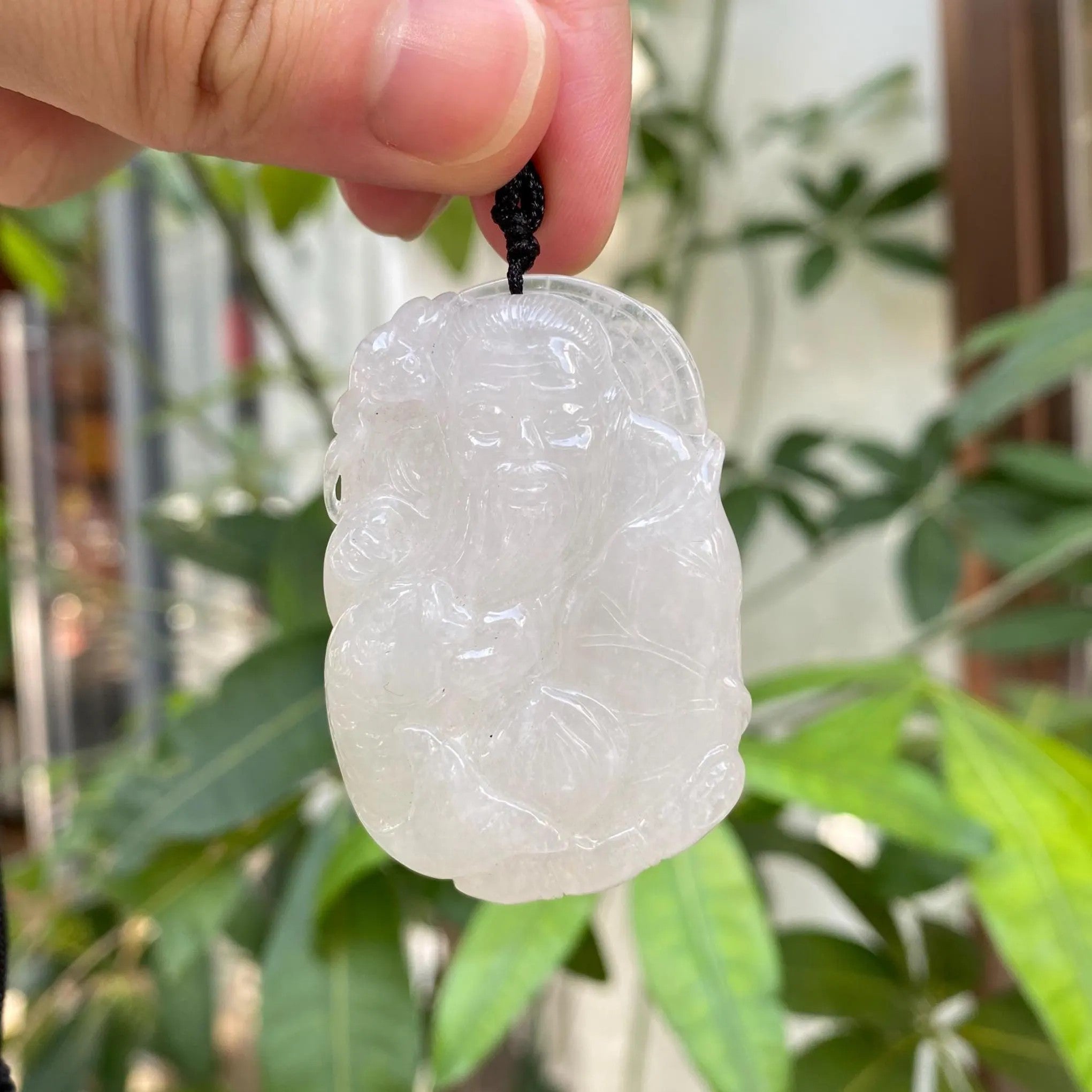 White Burmese Jadeite Shou Xing Pendant - God of Longevity Carving