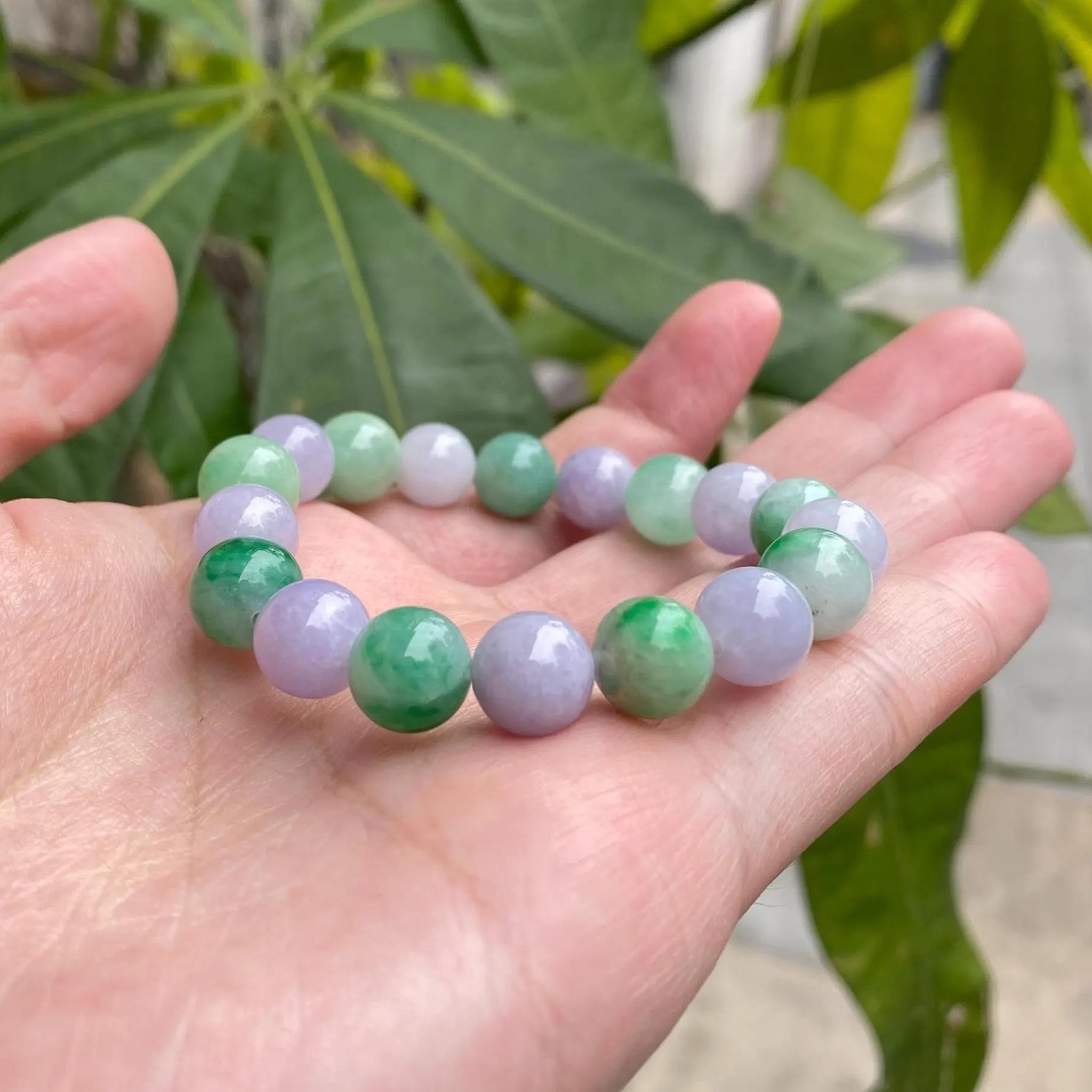 Alternating Green and Purple Jade Beaded Bracelet - 9-9.5mm Beads, 17cm, Natural Jadeite