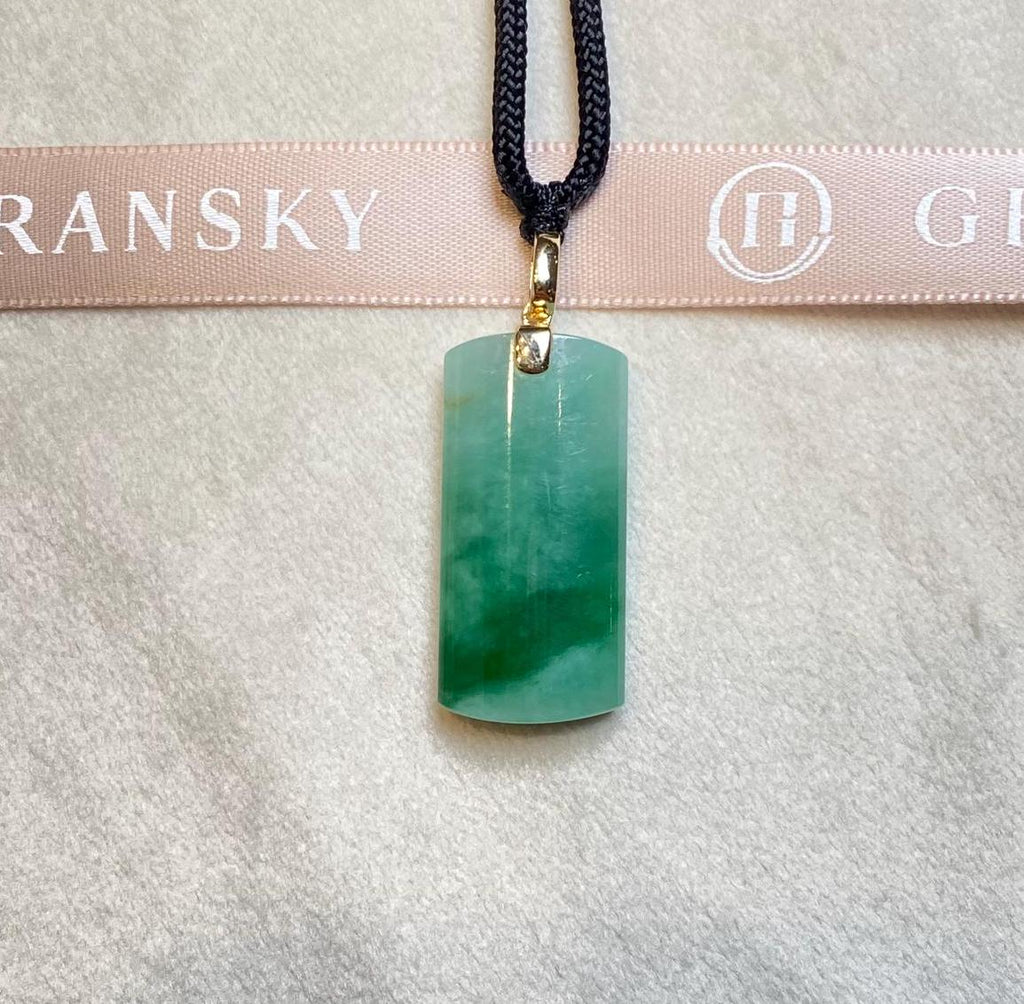 Green Jade Block Pendant Necklace 18k Yellow Gold Bail - Certified Type-A Jadeite