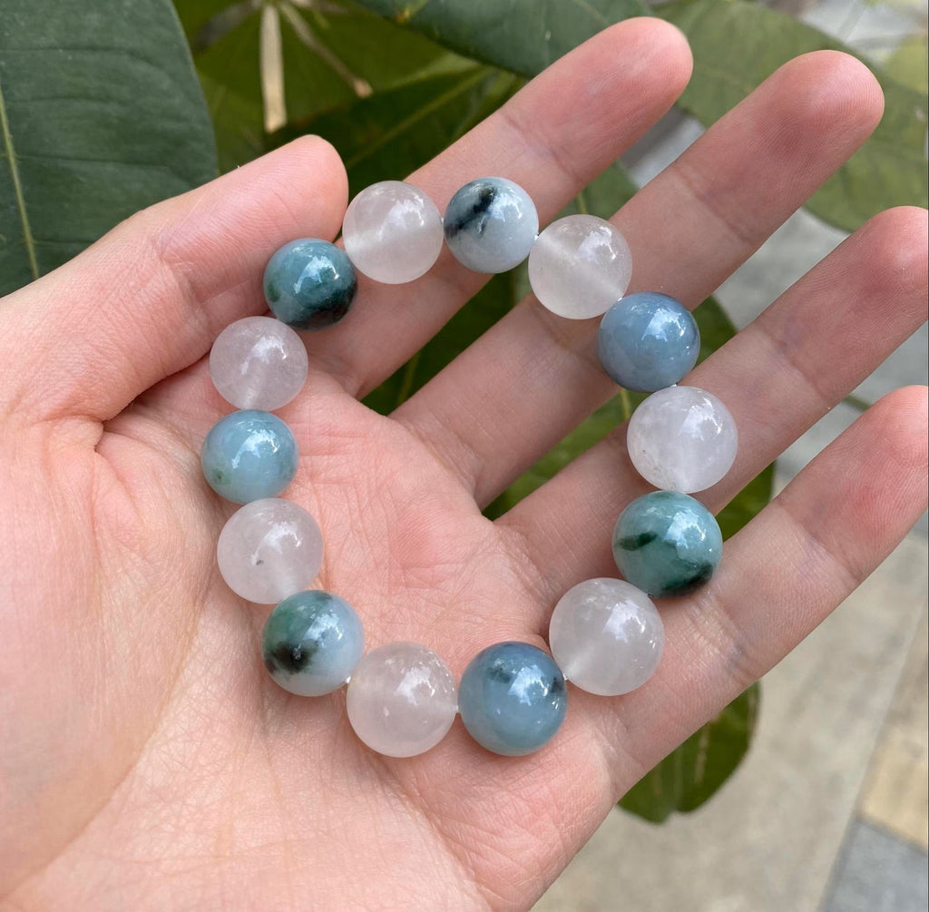 Natural Type-A Burmese Jadeite Beaded Bracelet - Green & White, 13mm
