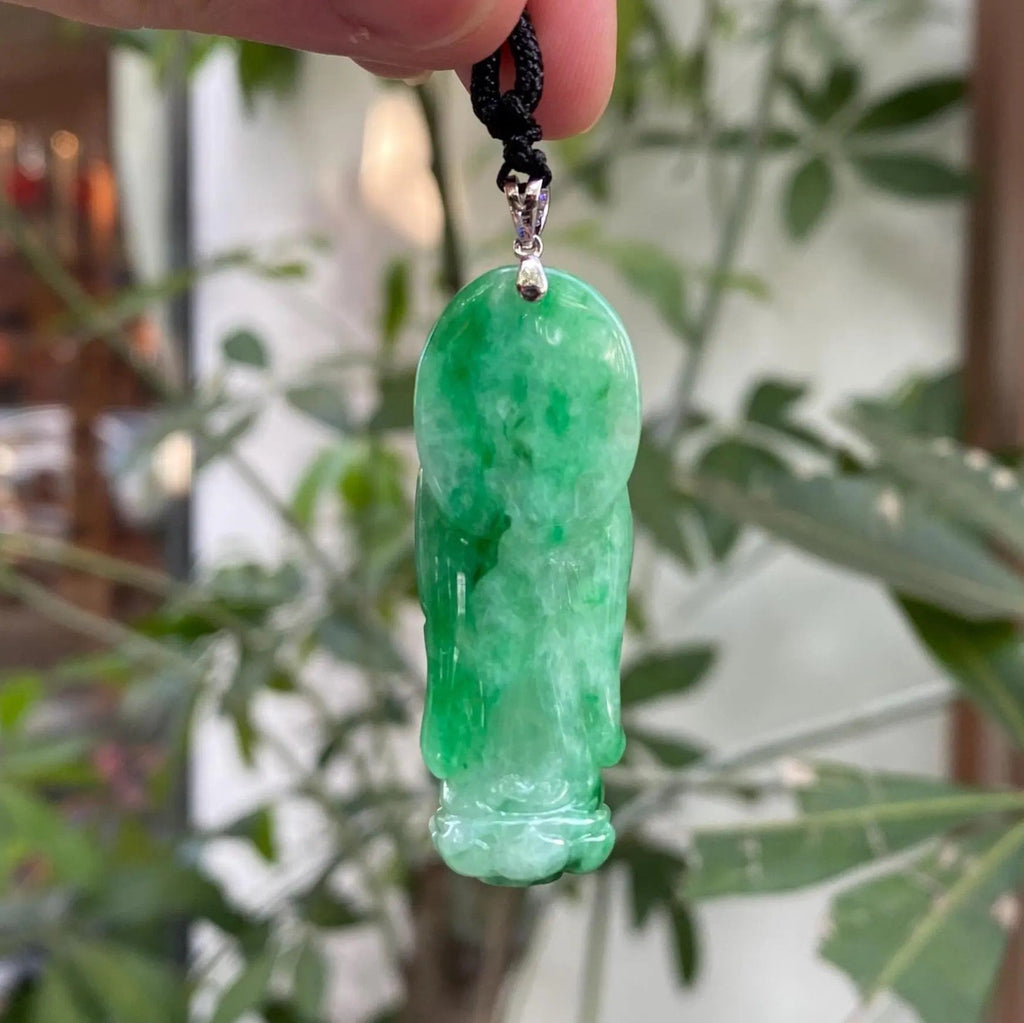 GuanYin Green Jade Pendant Necklace 18k White Gold Bail and Diamonds