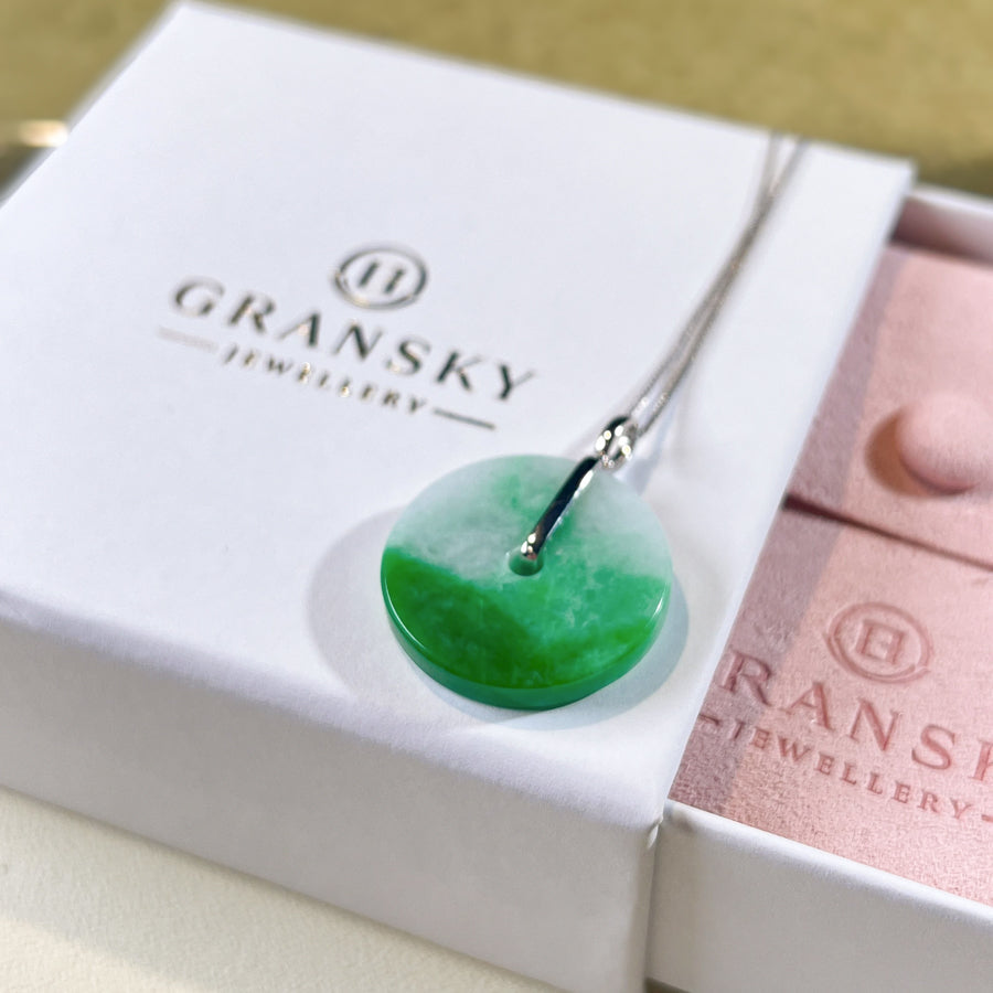 Cute Green Jade Disc Donut Pendant 18k White Gold Bail