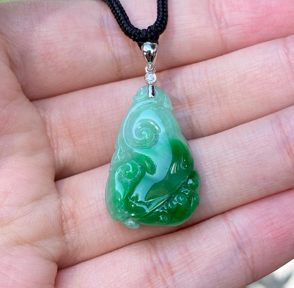 Natural Green Jadeite Pendant - Carved Ruyi Jade
