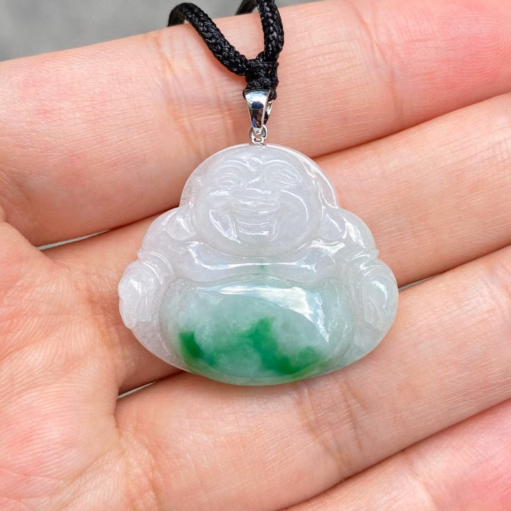 Green Jade Buddha Pendant with 18k Gold Bail - Symbol of Peace and Serenity