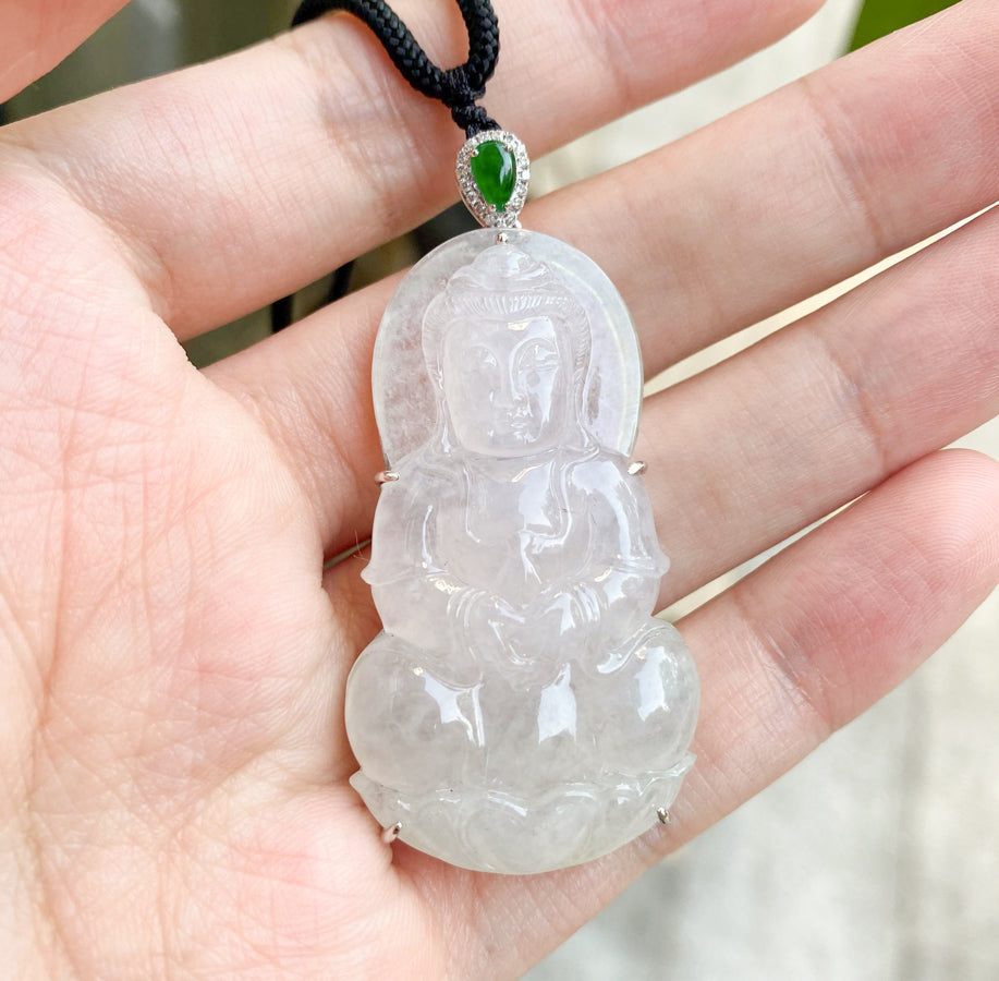 Gransky Handcrafted White Jadeite Guanyin Pendant Necklace in 18K White Gold with Diamonds