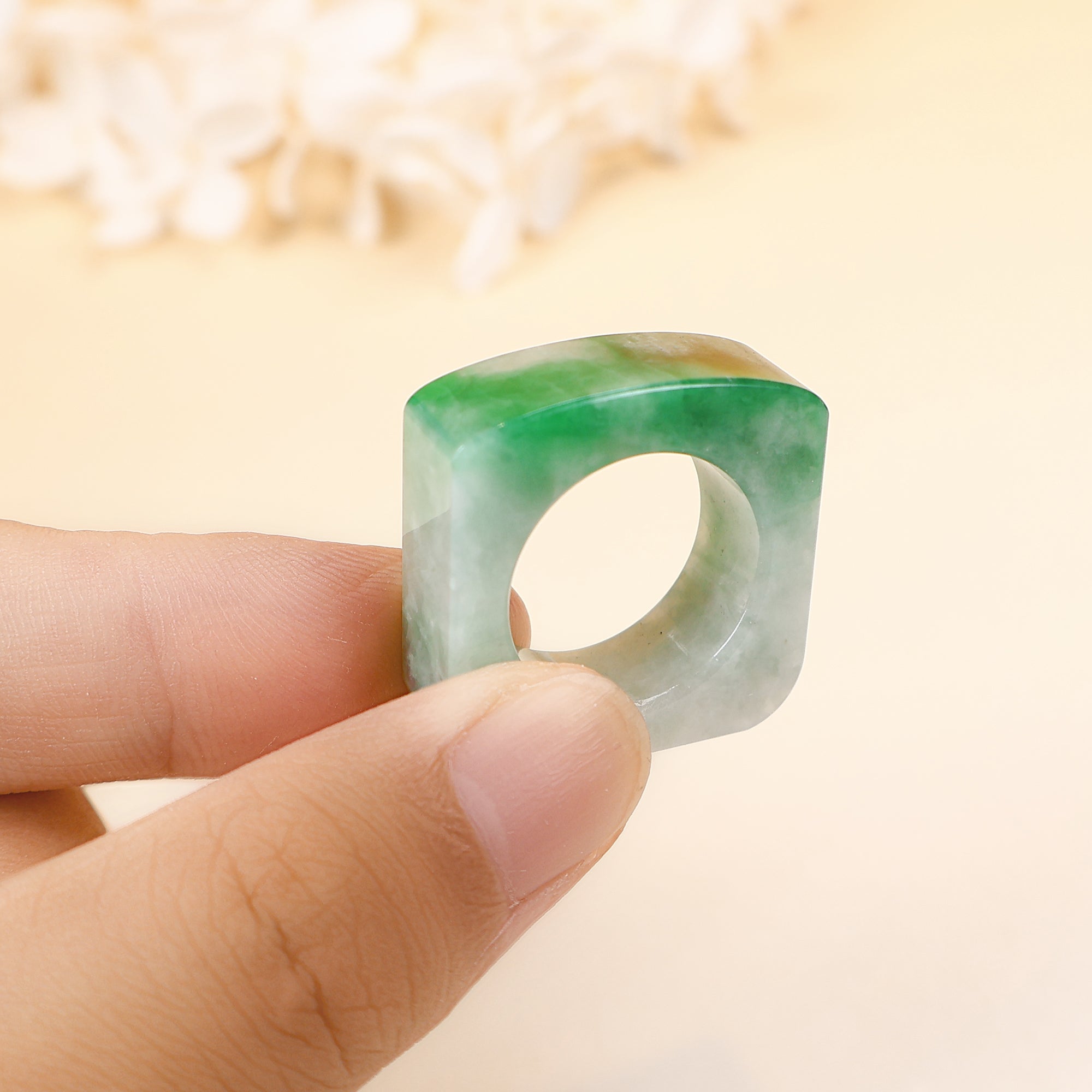 Gransky Natural Type A Intense Green Flat Top Jade Ring US 8.5