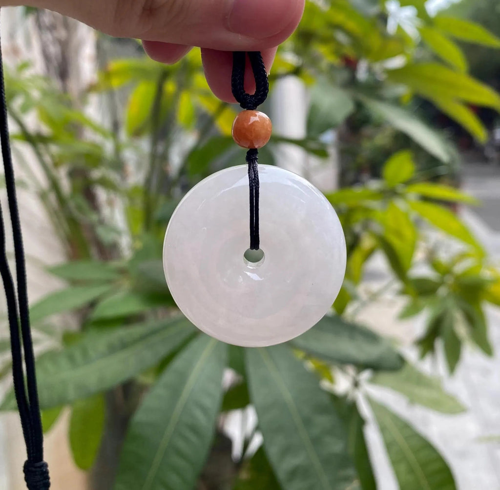 Handcrafted Ruyi Jade Pendant - Icy White Burmese Jadeite with Brown Bead