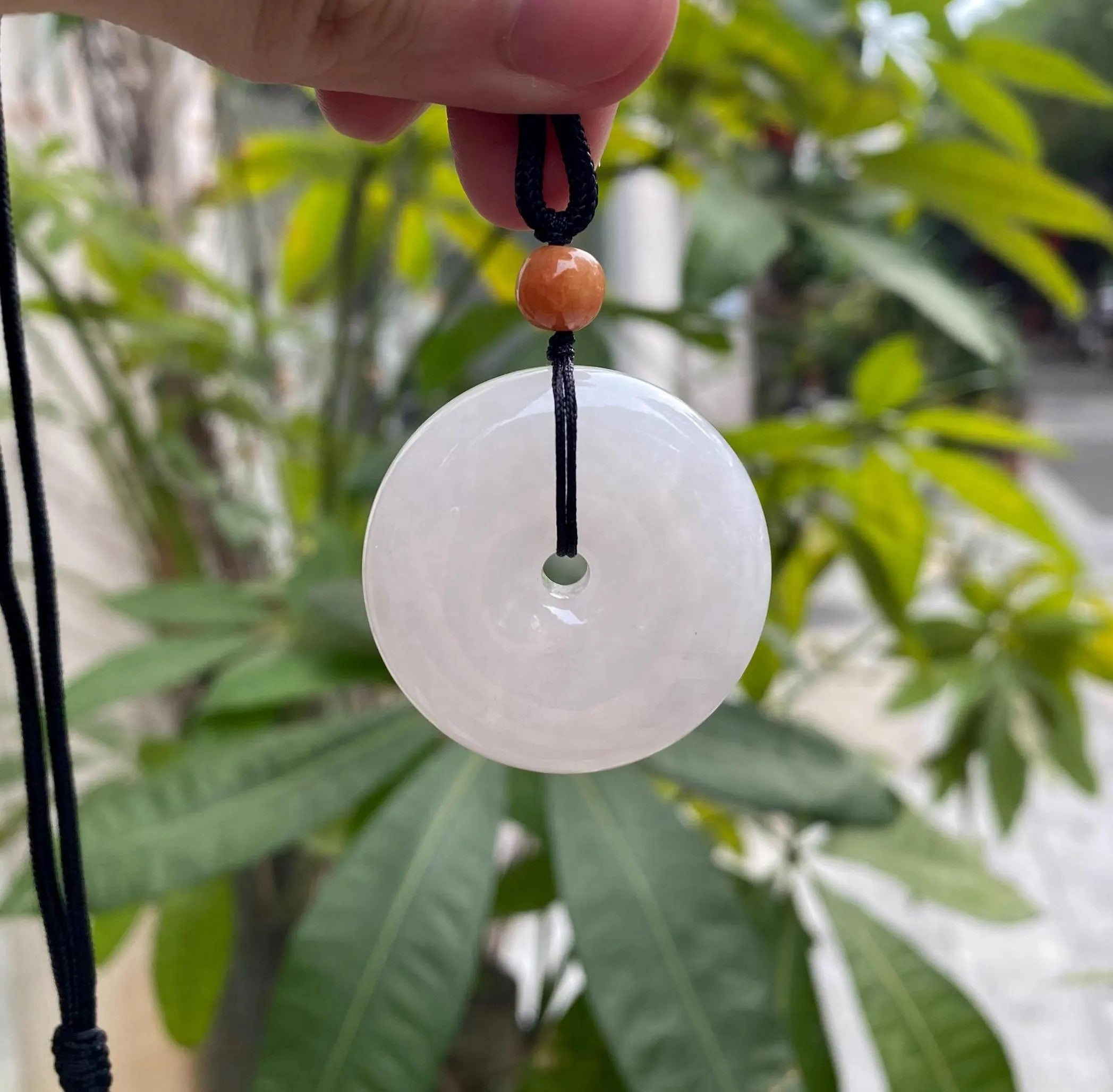 Handcrafted Ruyi Jade Pendant - Icy White Burmese Jadeite with Brown Bead