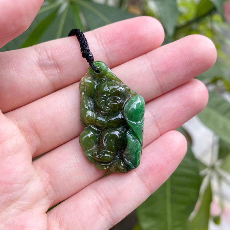 Handcrafted Tri-Color Jade Happy Monk Pendant with Lotus Leaf