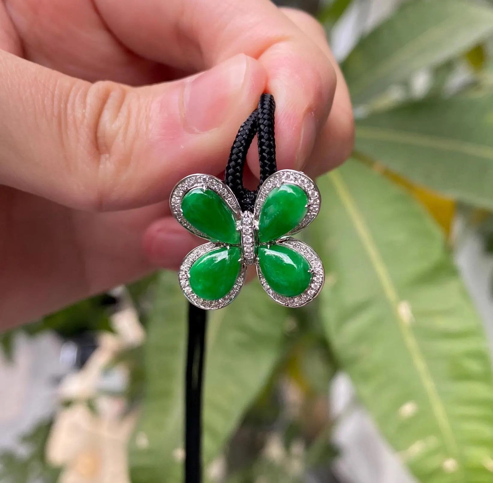18k Gold Diamond Green Butterfly Jade Pendant Necklace - Natural Type-A Jade