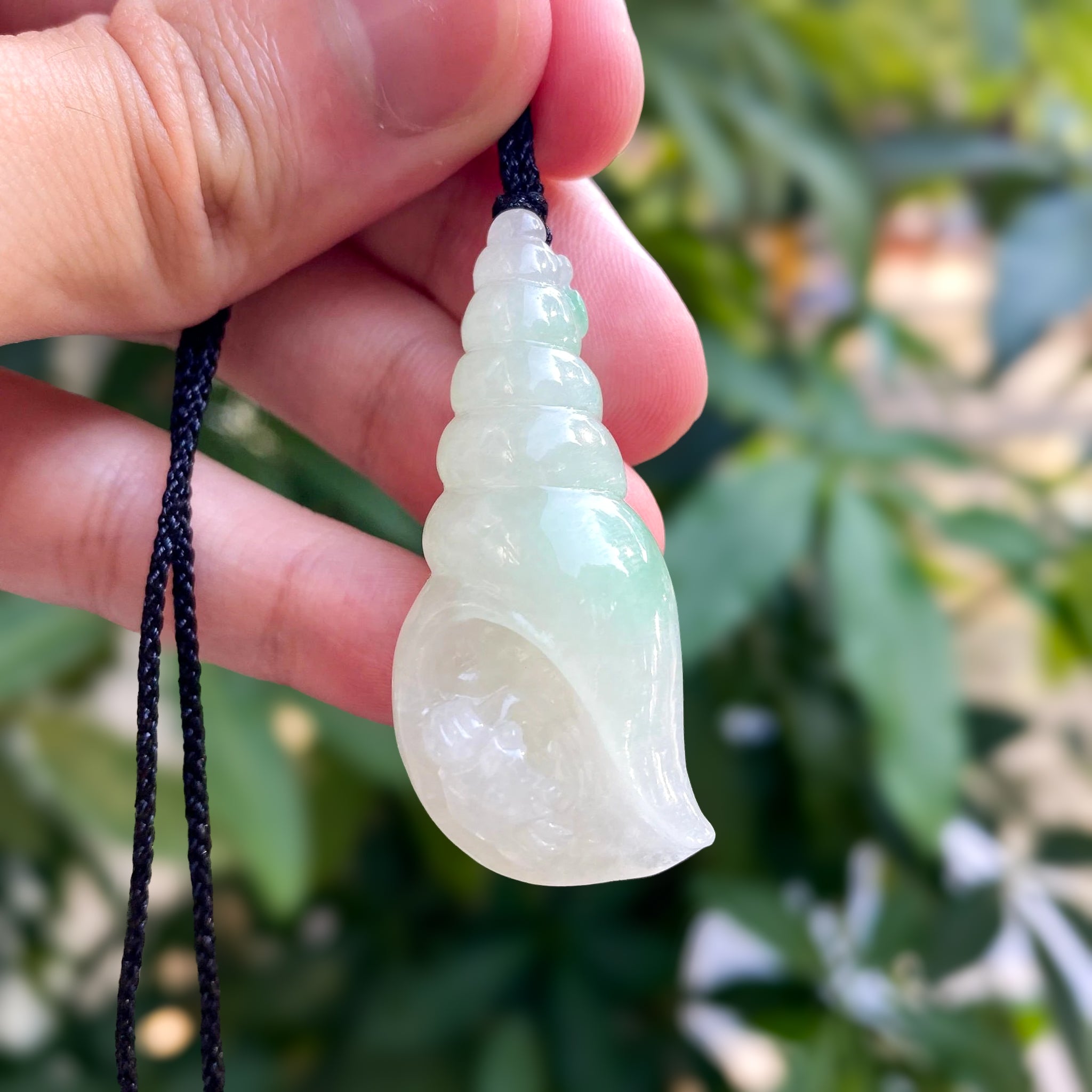 Handcrafted Lime Green Jade Seashell Pendant – Adjustable Black Cord, Harmony & Tranquility