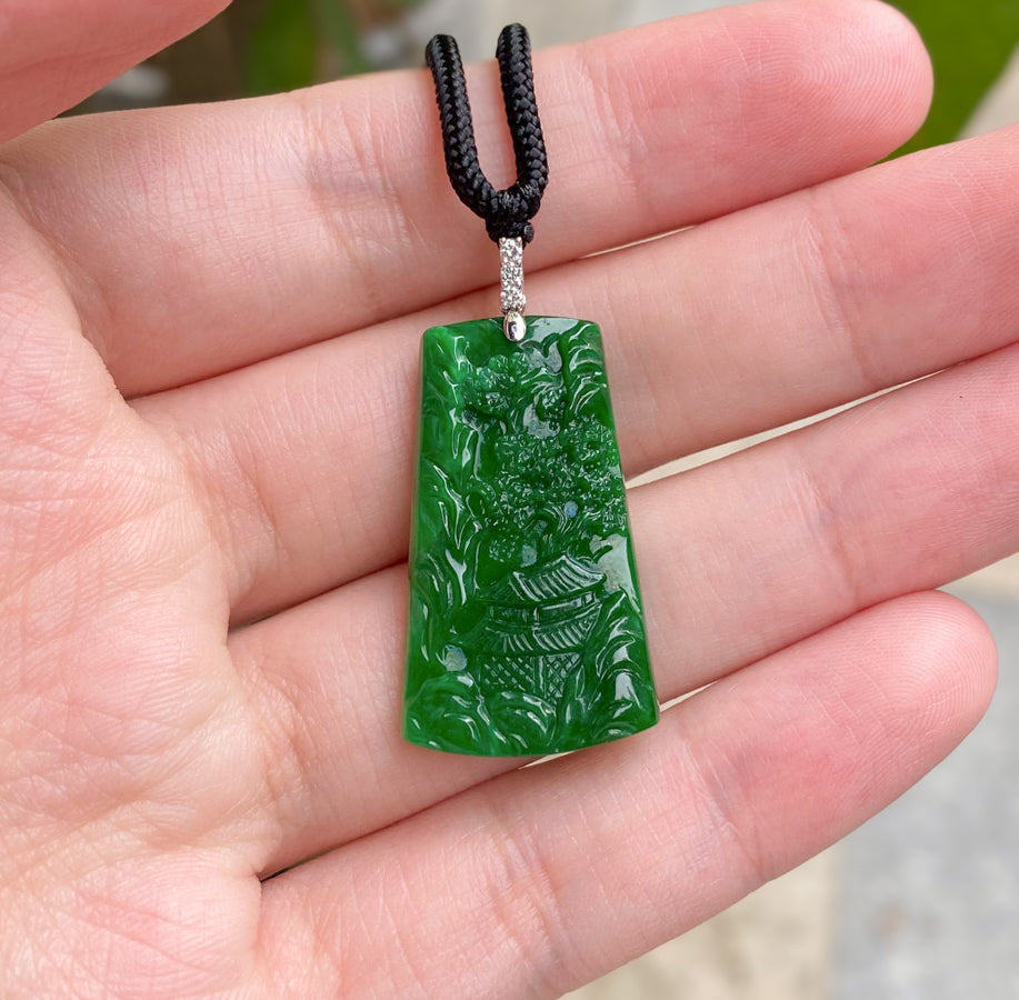 Imperial Green Jade Pendant with Mountain Carving, 18K White Gold & Diamonds