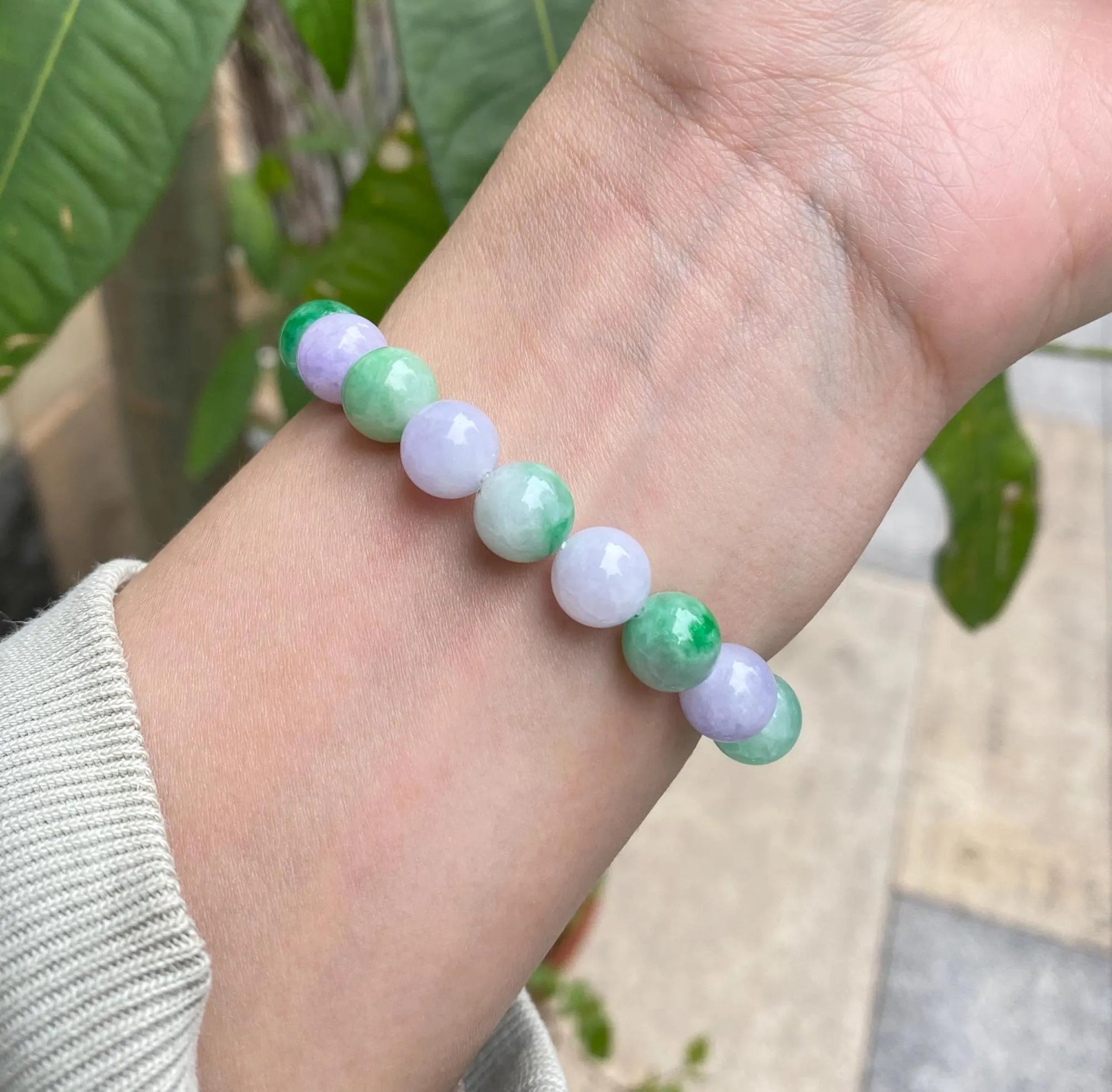 Alternating Green and Purple Jade Beaded Bracelet - 9-9.5mm Beads, 17cm, Natural Jadeite