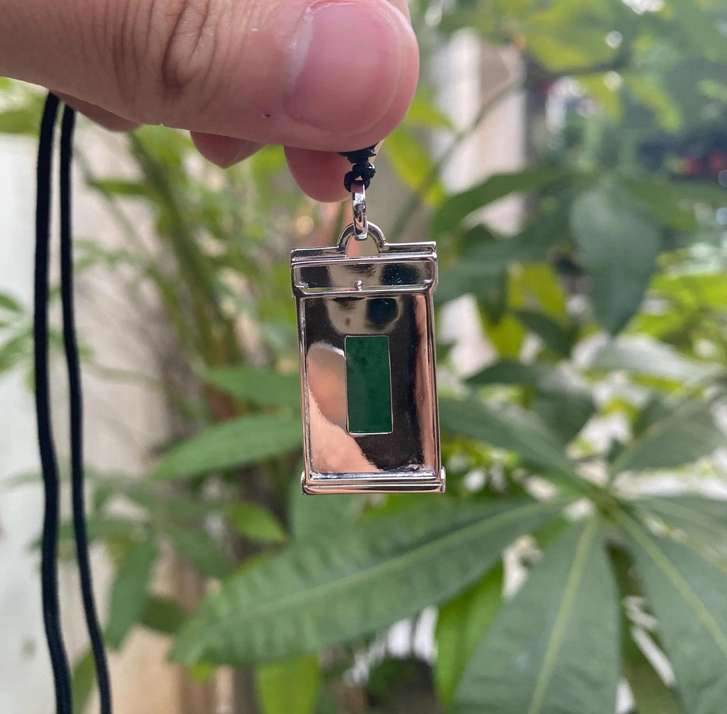 Black & Green Burmese Jadeite Pendant in 18K White Gold with Diamonds