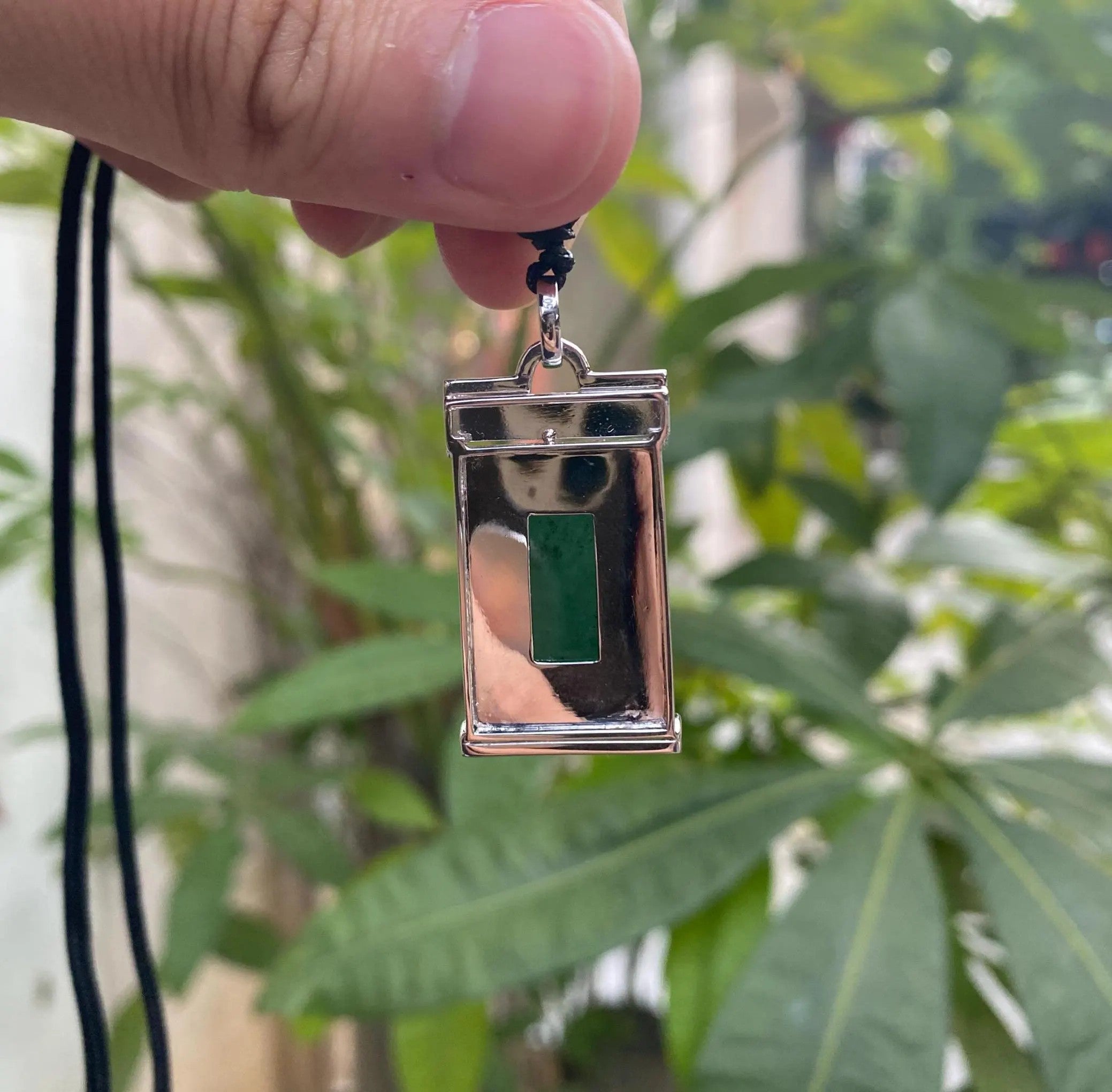 Black & Green Burmese Jadeite Pendant in 18K White Gold with Diamonds