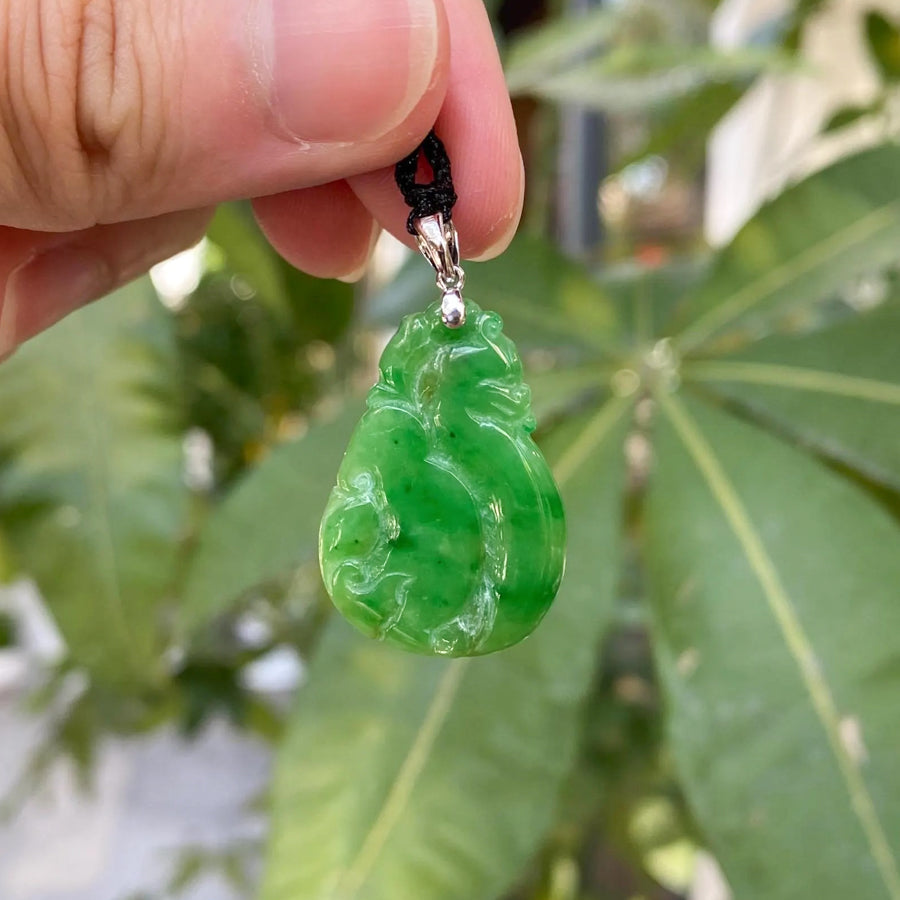 Natural Green Ruyi Jade Pendant 18k White Gold Bail - Untreated Burmese Jadeite