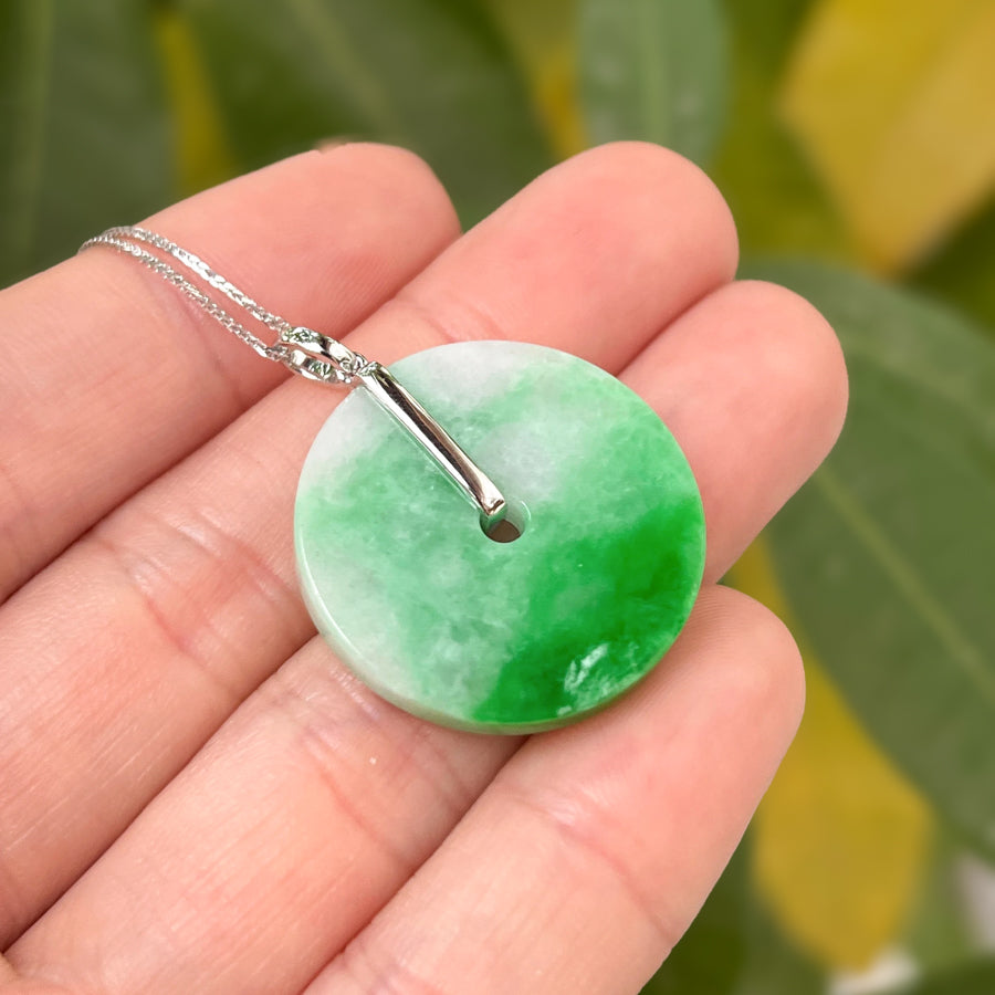 Minimalistic Green Jade Disc Donut Pendant 18k White Gold Bail