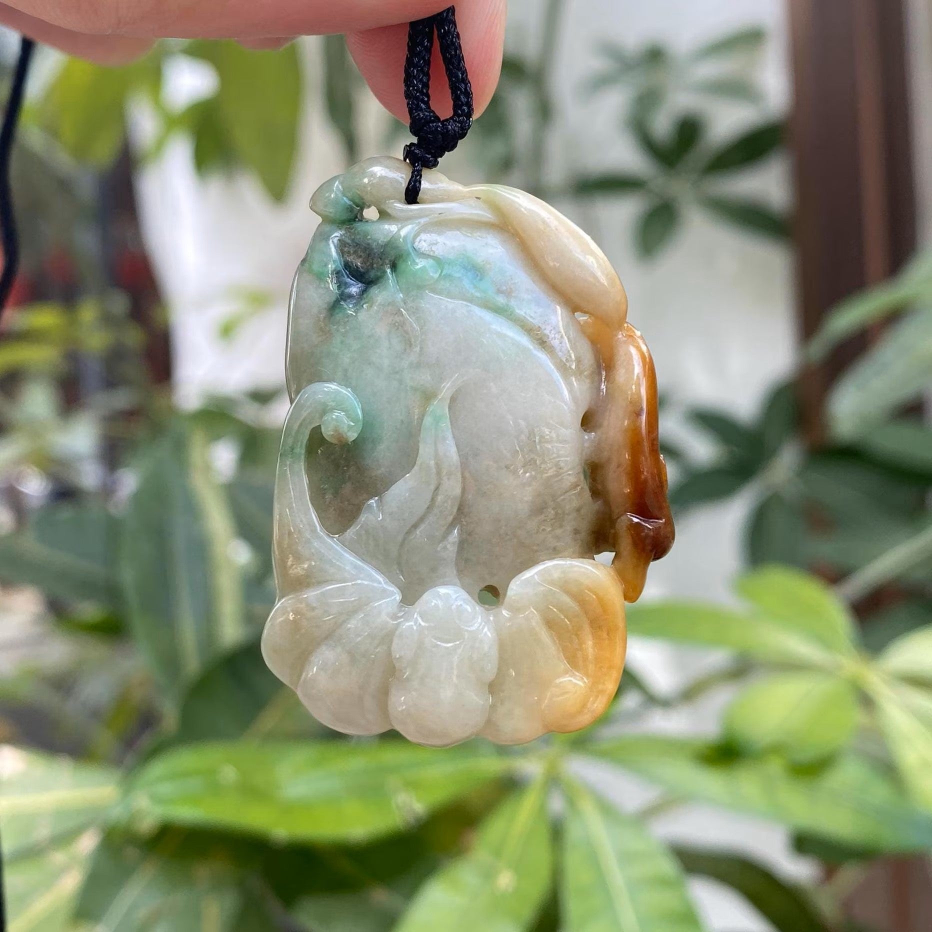 Natural Tri-ColorBrown Jade Ruyi Fushu Carving Pendant