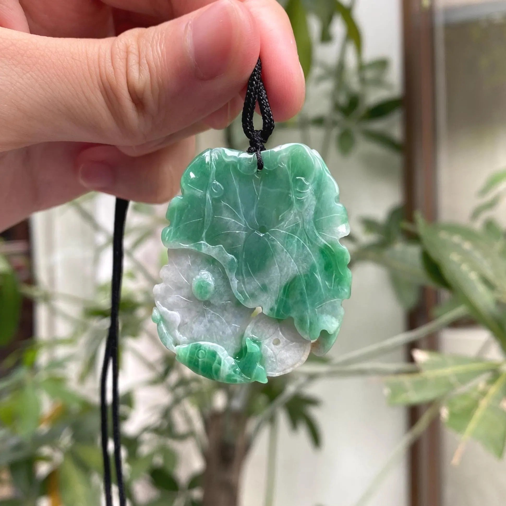 Natural Green Jadeite Pendant - Carved Lotus Leaf with Ruyi