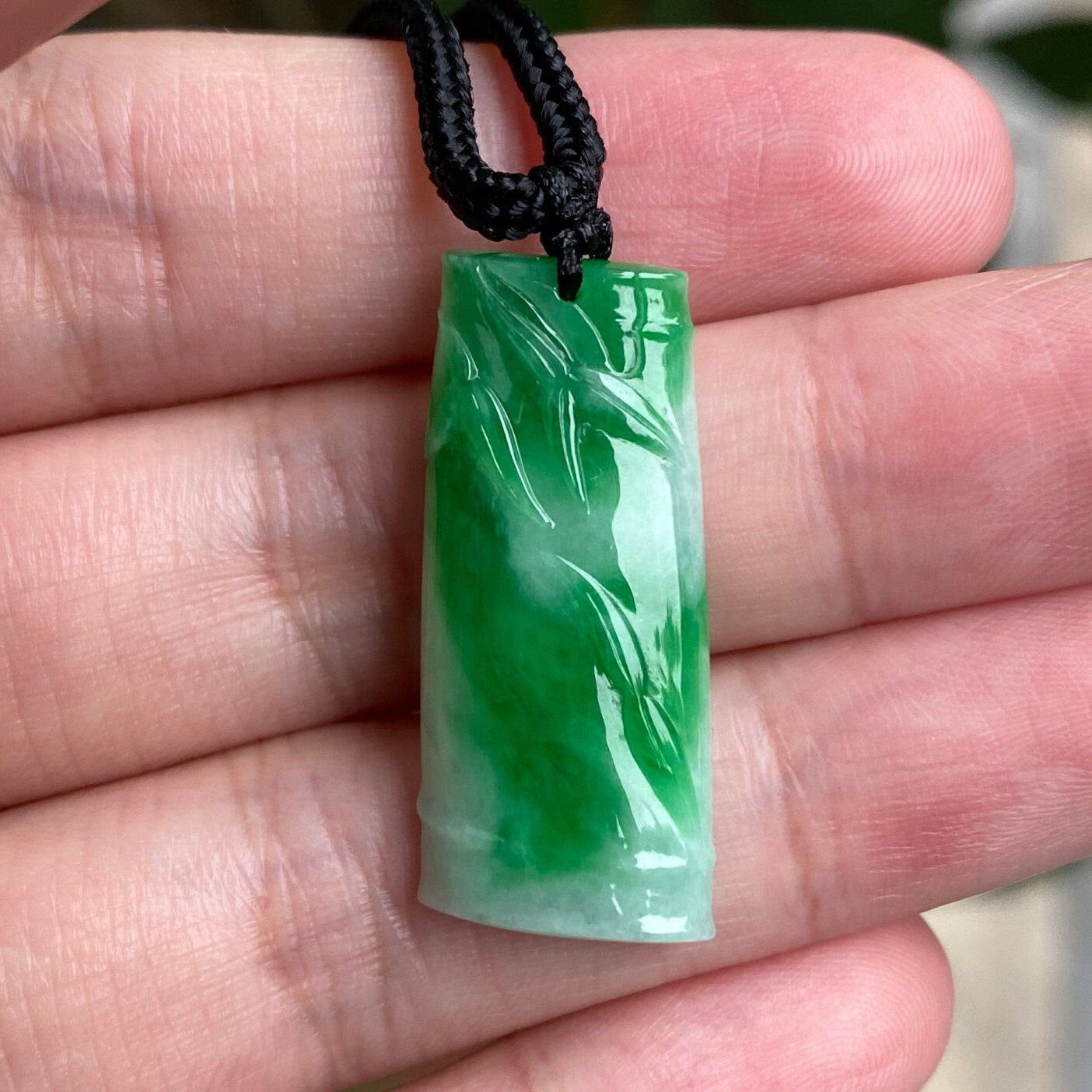 Bright Green Hand-Carved Bamboo Jade Pendant