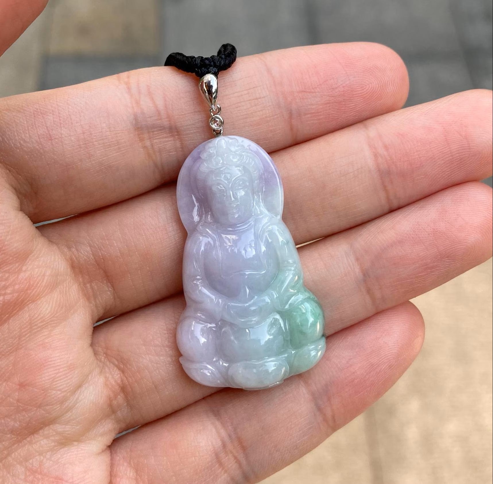 Gransky Handmade GuanYin (Kwan yin) Green and Purple Jade Pendant 18k White Gold Bail