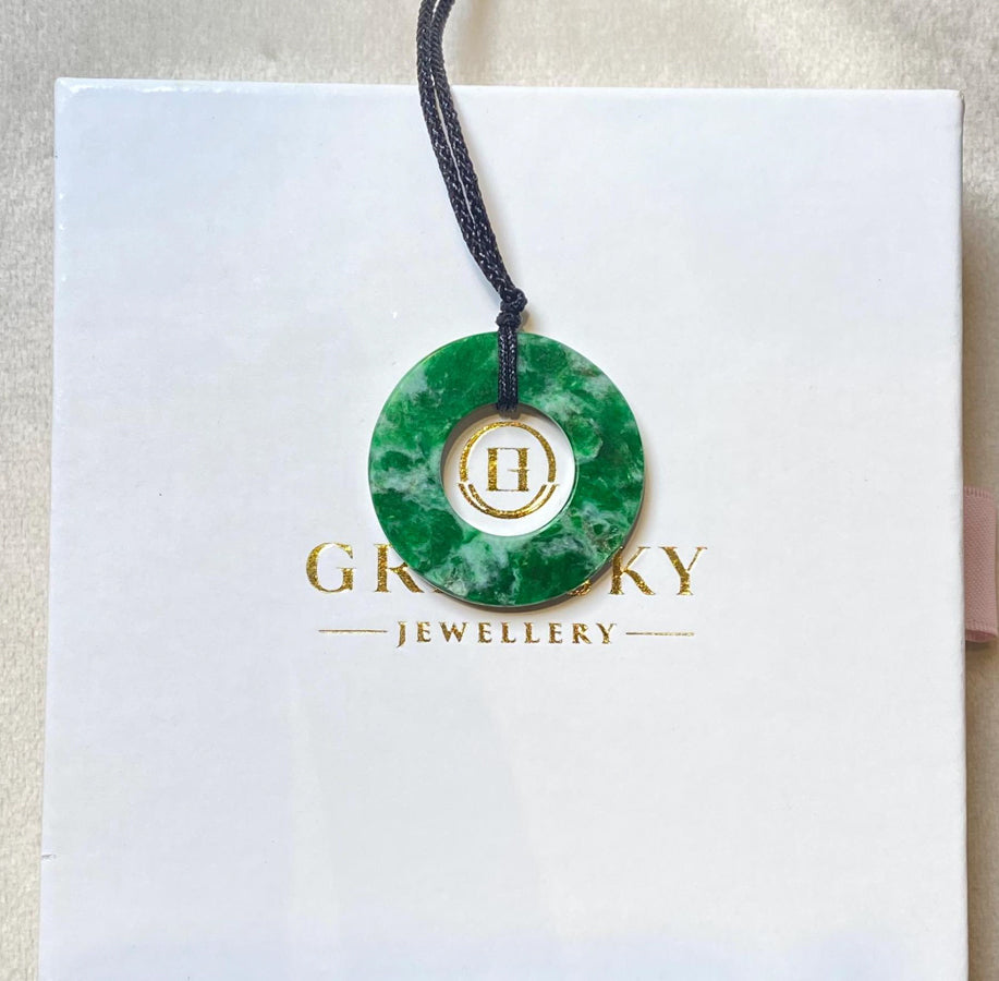 Natural Type A Jadeite Round Disc Pendant - Intense Green Jade with Adjustable String