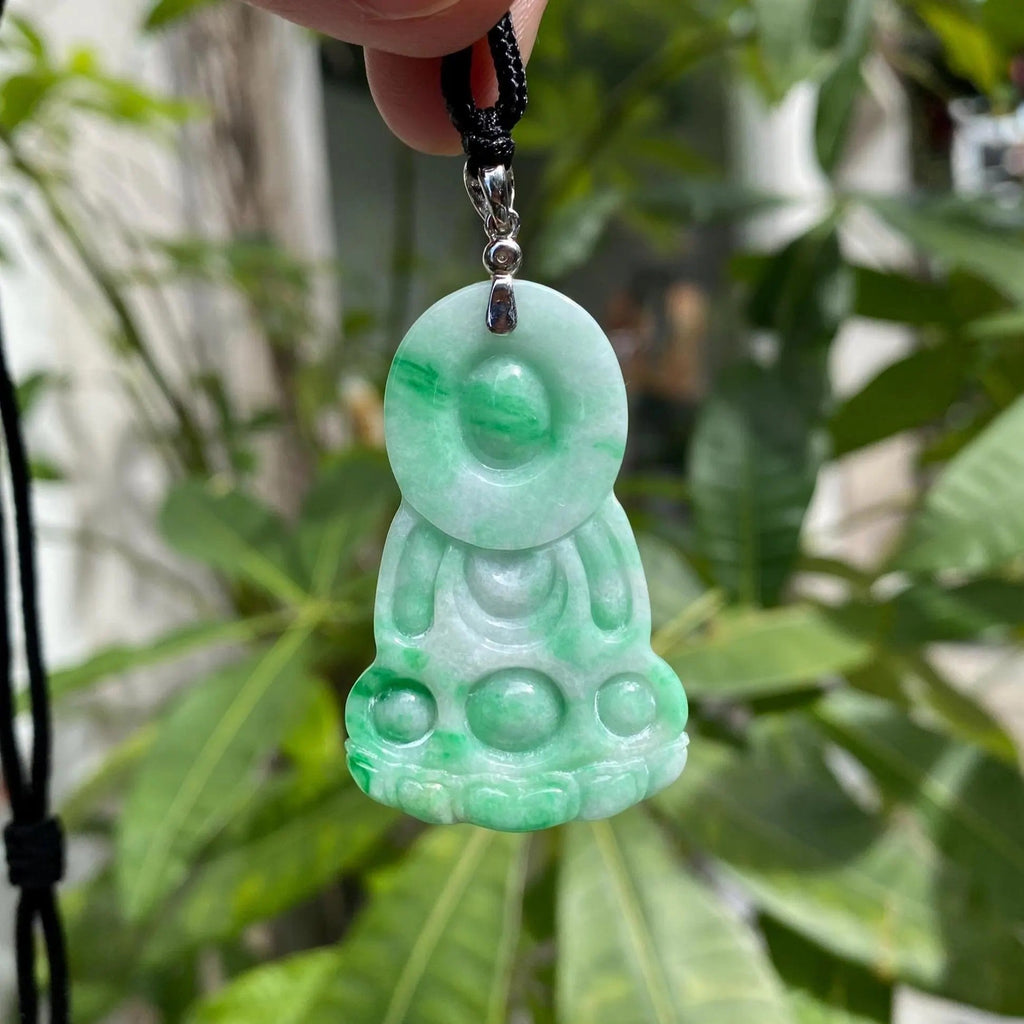 GuanYin Green Jade Pendant 18k White Gold and Diamonds