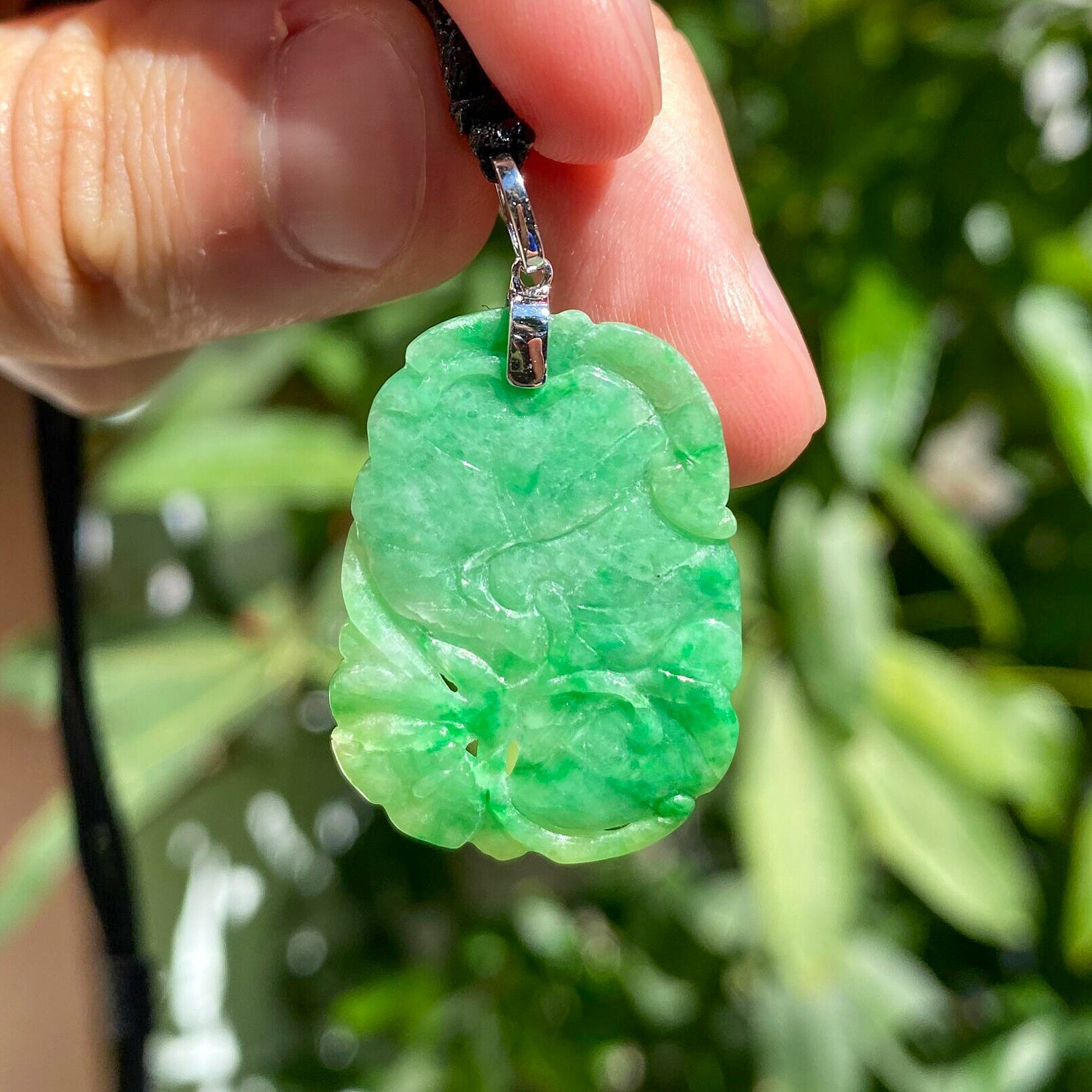 Bright Green Jade Ruyi & Lotus Pendant - 18K White Gold Bail