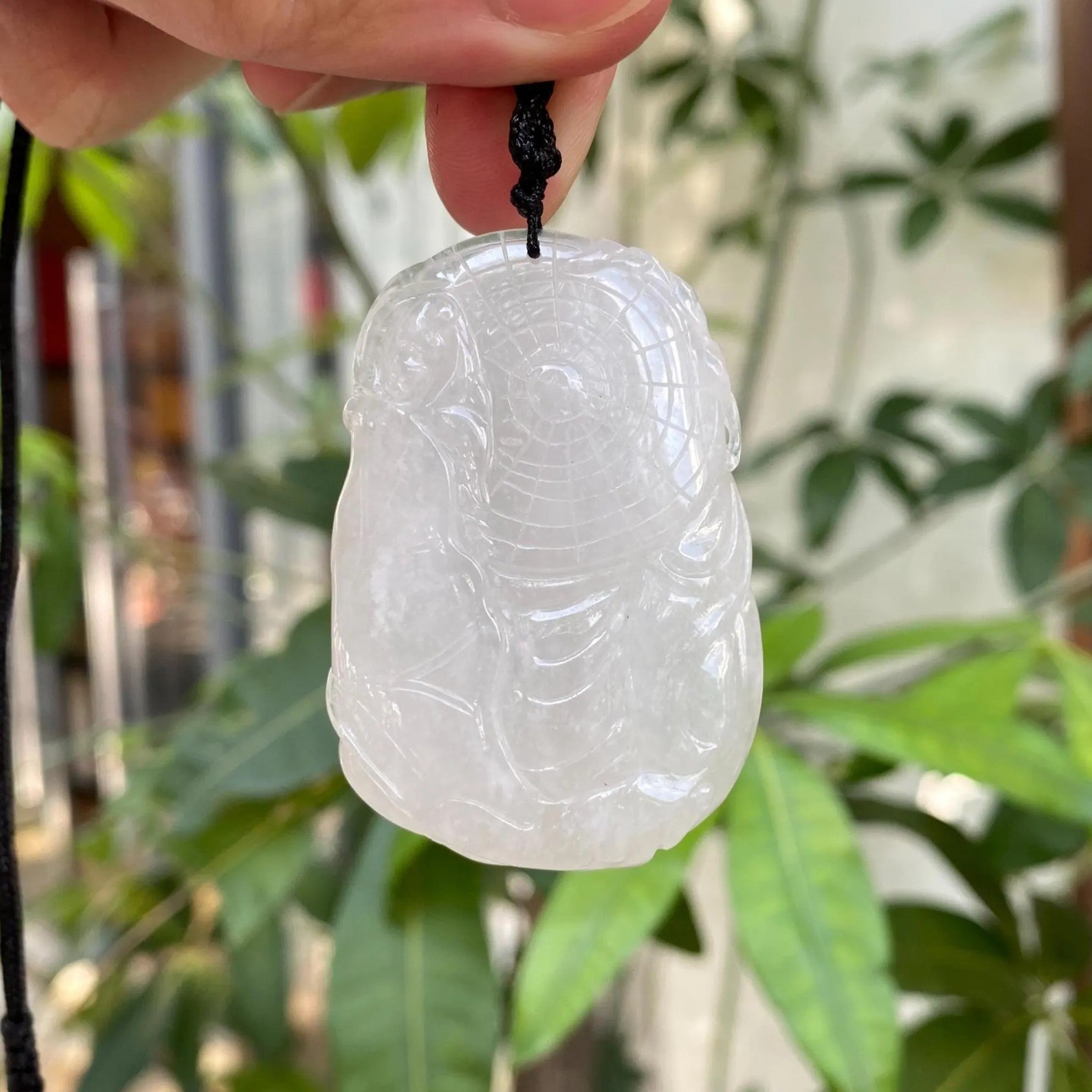 White Burmese Jadeite Shou Xing Pendant - God of Longevity Carving