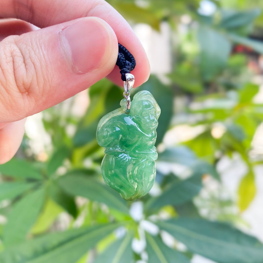 Gransky Jewellery Beautiful Green Jade Monkey on Peach Pendant in 18k White Gold